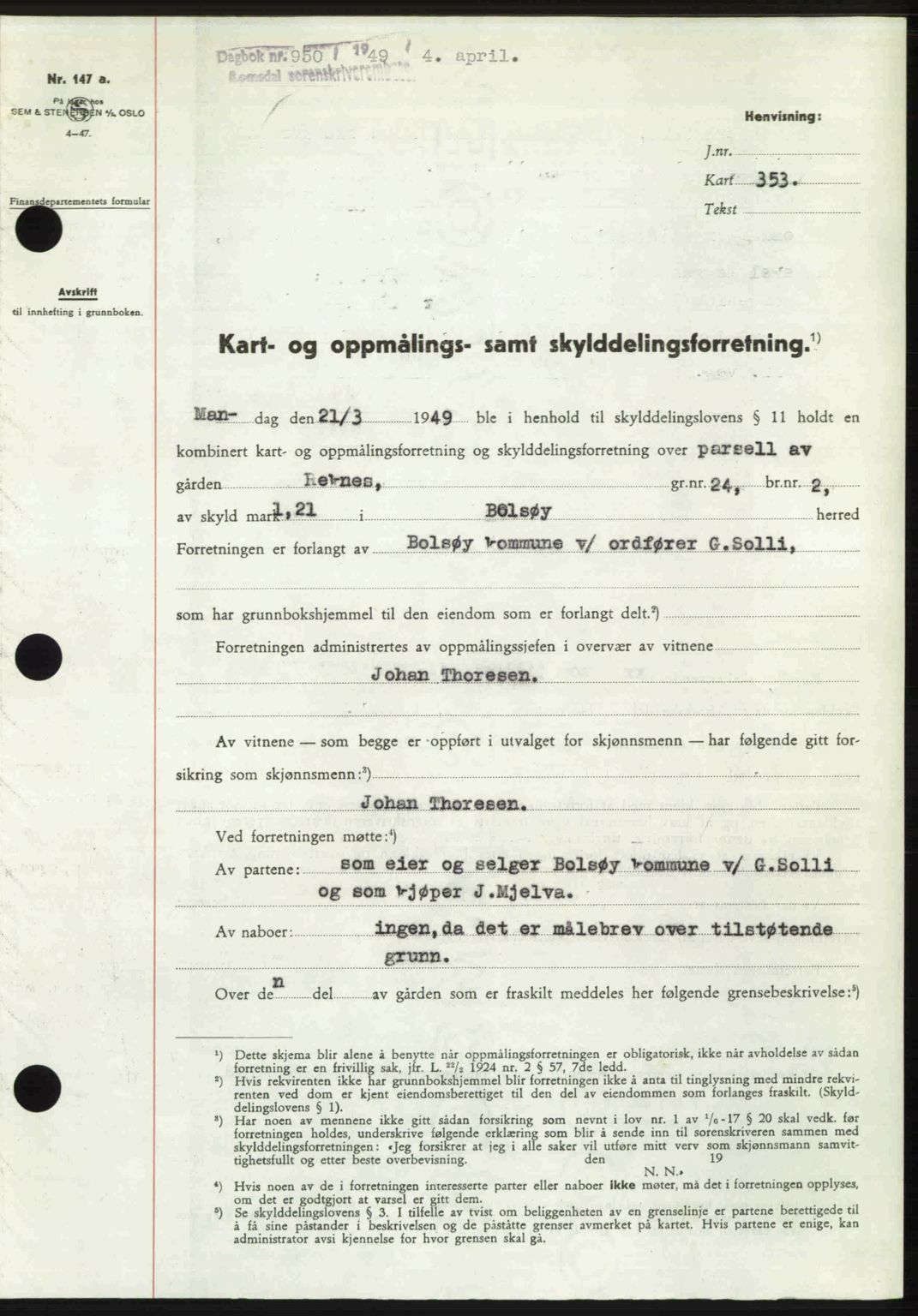 Romsdal sorenskriveri, AV/SAT-A-4149/1/2/2C: Mortgage book no. A29, 1949-1949, Diary no: : 950/1949