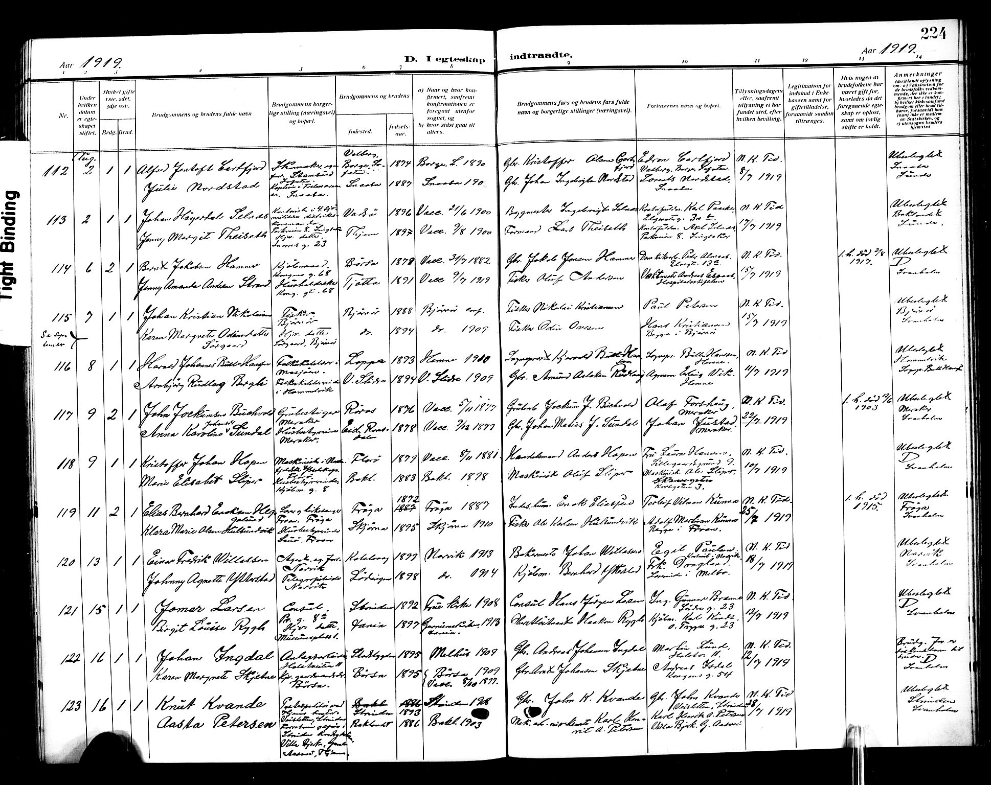 Ministerialprotokoller, klokkerbøker og fødselsregistre - Sør-Trøndelag, SAT/A-1456/601/L0097: Parish register (copy) no. 601C15, 1911-1921, p. 224