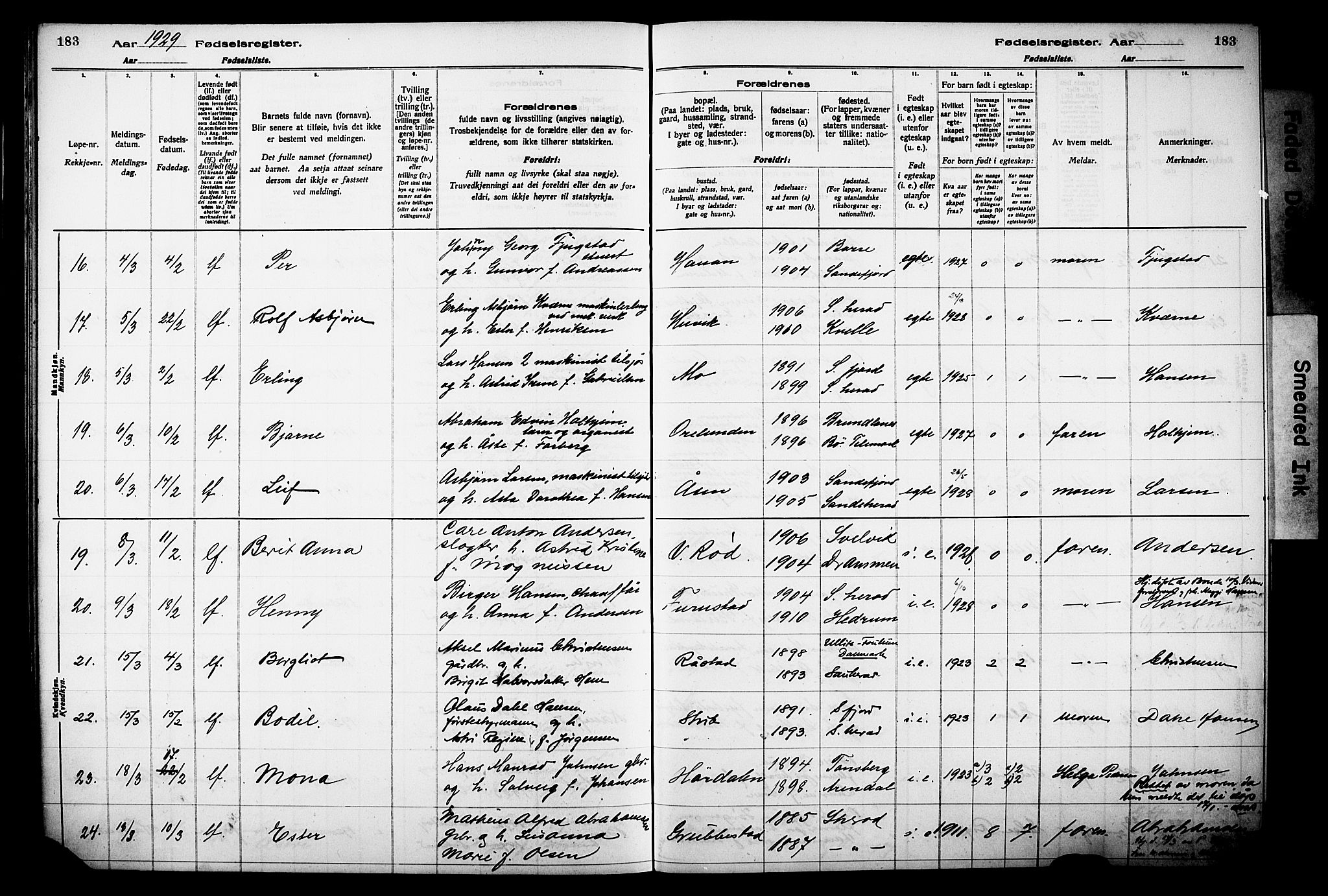 Sandar kirkebøker, AV/SAKO-A-243/J/Ja/L0002: Birth register no. 2, 1922-1929, p. 183