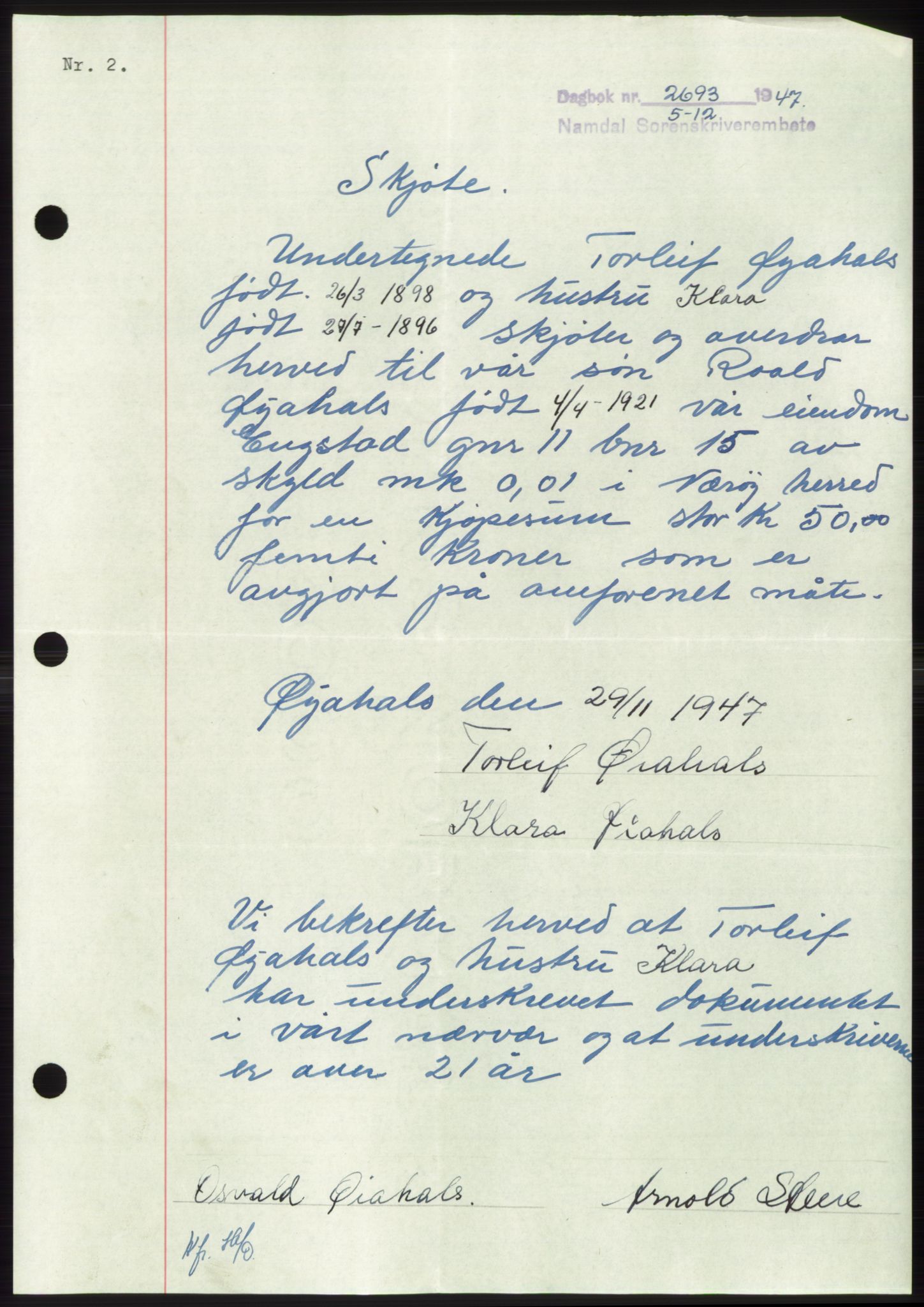 Namdal sorenskriveri, SAT/A-4133/1/2/2C: Mortgage book no. -, 1947-1948, Diary no: : 2693/1947