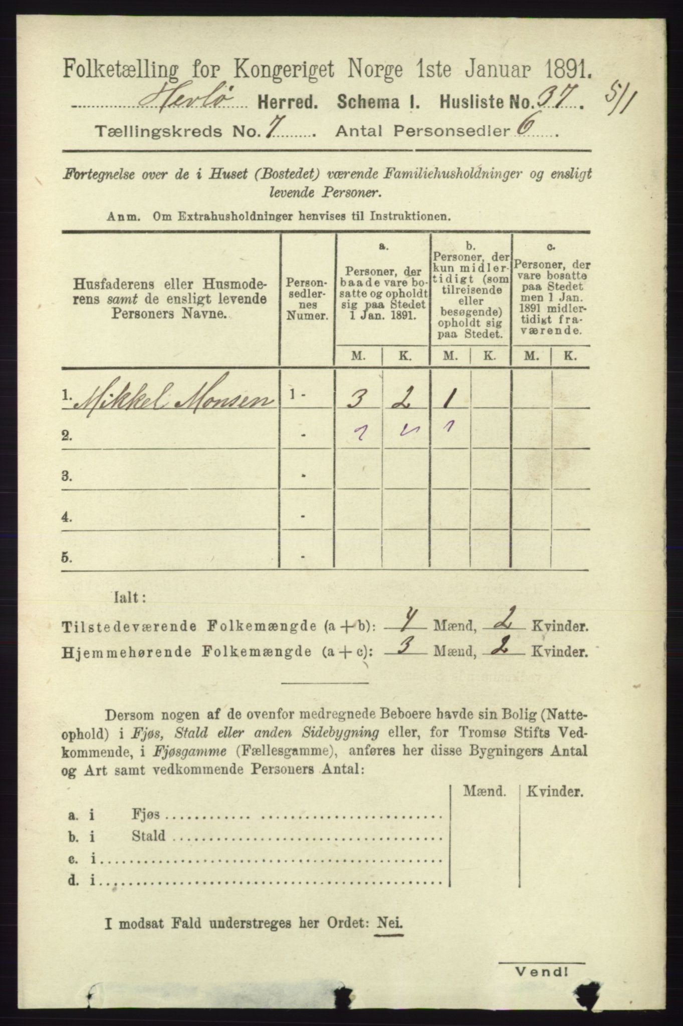 RA, 1891 census for 1258 Herdla, 1891, p. 3095