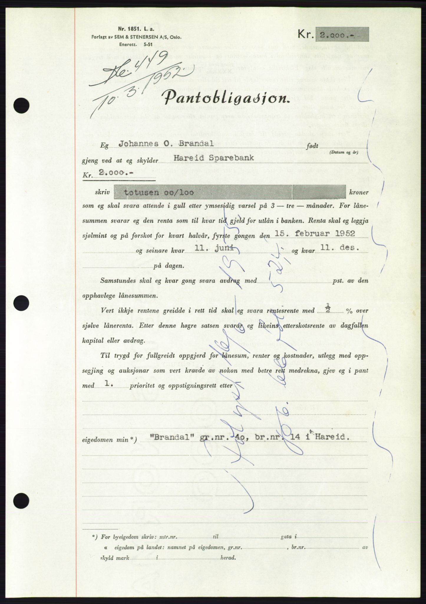 Søre Sunnmøre sorenskriveri, AV/SAT-A-4122/1/2/2C/L0121: Mortgage book no. 9B, 1951-1952, Diary no: : 449/1952