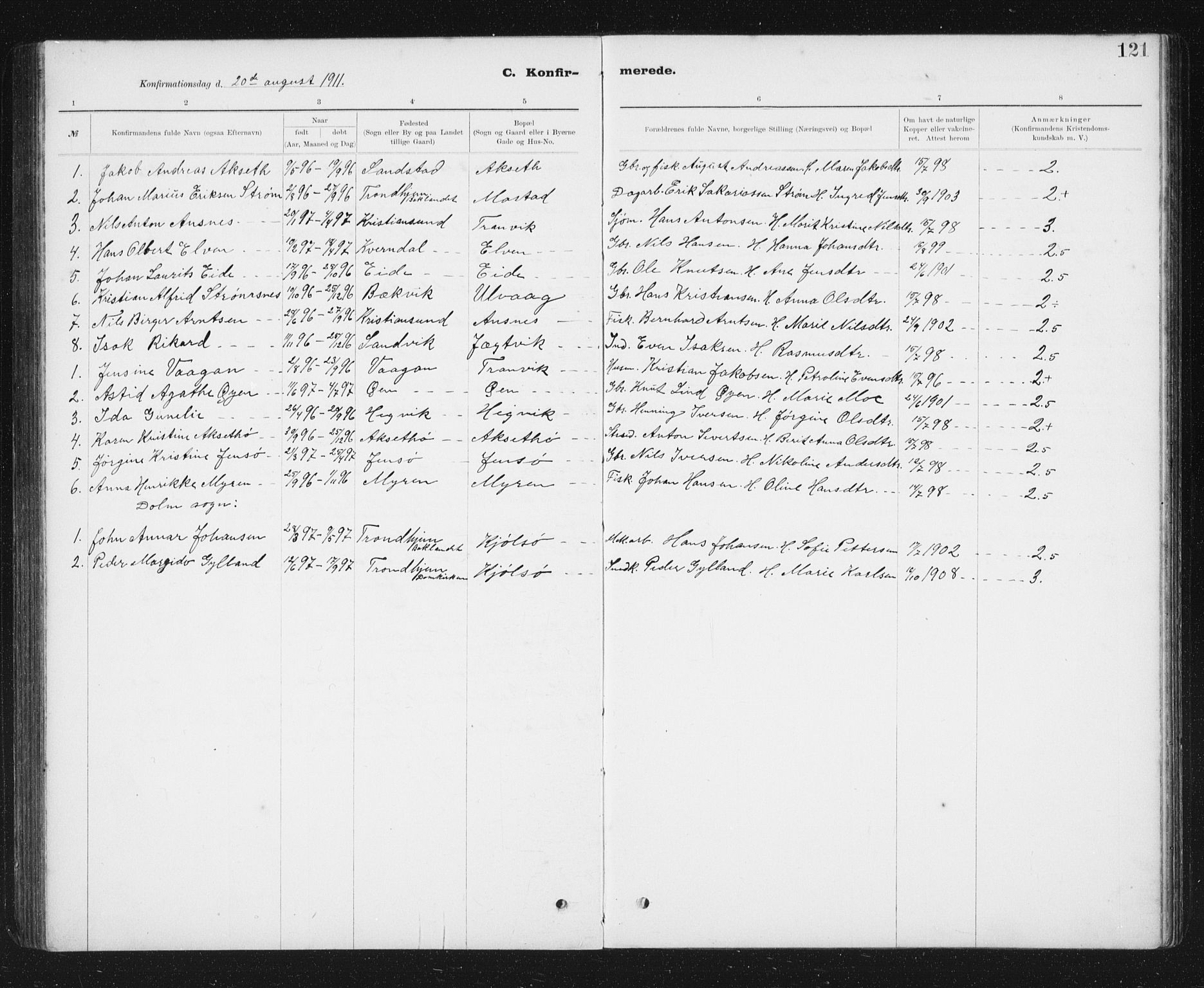Ministerialprotokoller, klokkerbøker og fødselsregistre - Sør-Trøndelag, SAT/A-1456/637/L0563: Parish register (copy) no. 637C04, 1899-1940, p. 121
