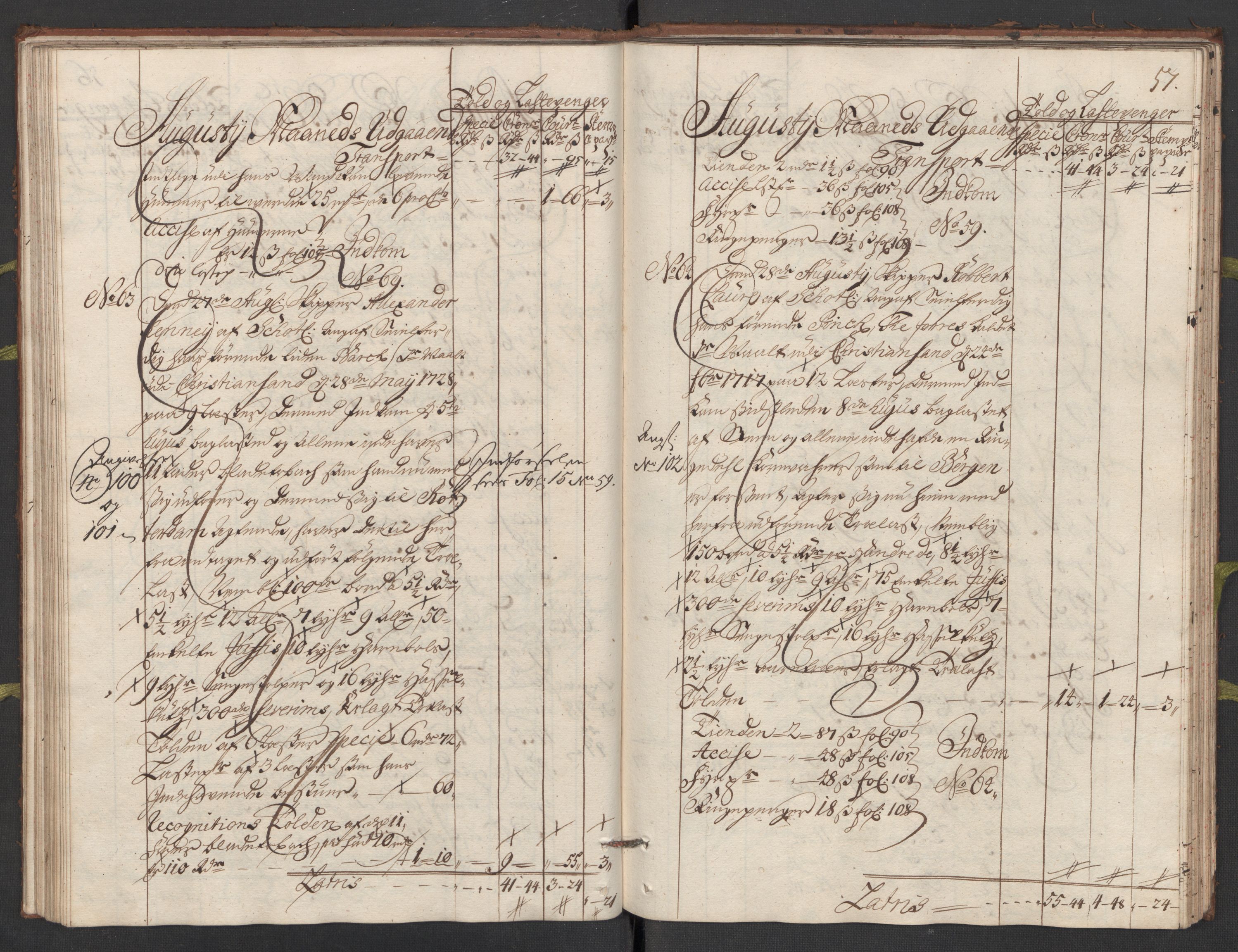 Generaltollkammeret, tollregnskaper, AV/RA-EA-5490/R24/L0009/0001: Tollregnskaper Sunnhordland / Hovedtollbok, 1733, p. 56b-57a