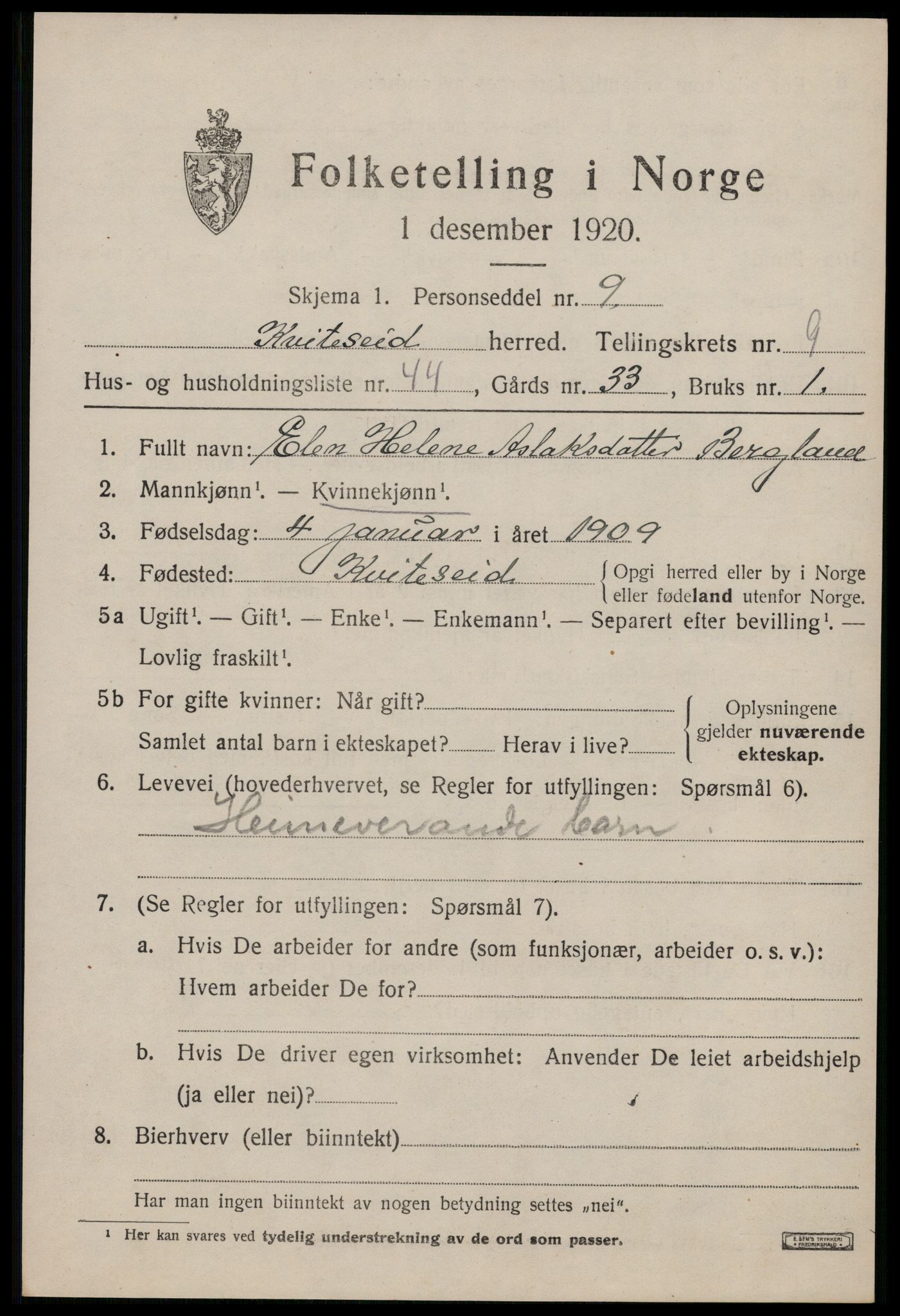 SAKO, 1920 census for Kviteseid, 1920, p. 4665