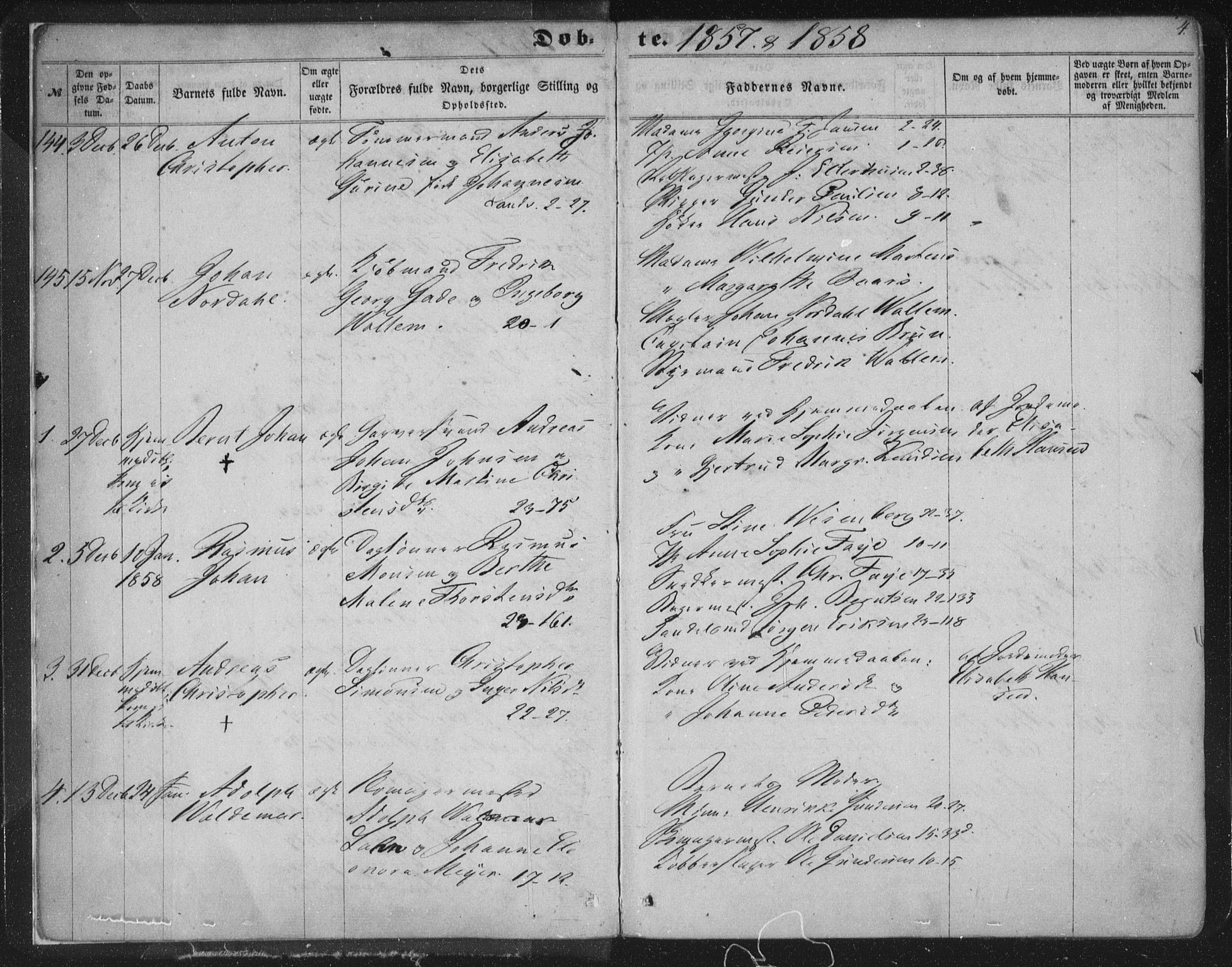 Korskirken sokneprestembete, AV/SAB-A-76101/H/Haa/L0018: Parish register (official) no. B 4, 1857-1866, p. 4