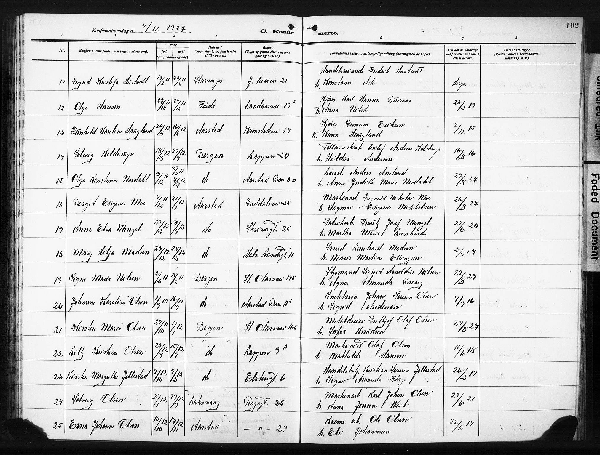 Årstad Sokneprestembete, AV/SAB-A-79301/H/Hab/L0014: Parish register (copy) no. B 4, 1923-1931, p. 102