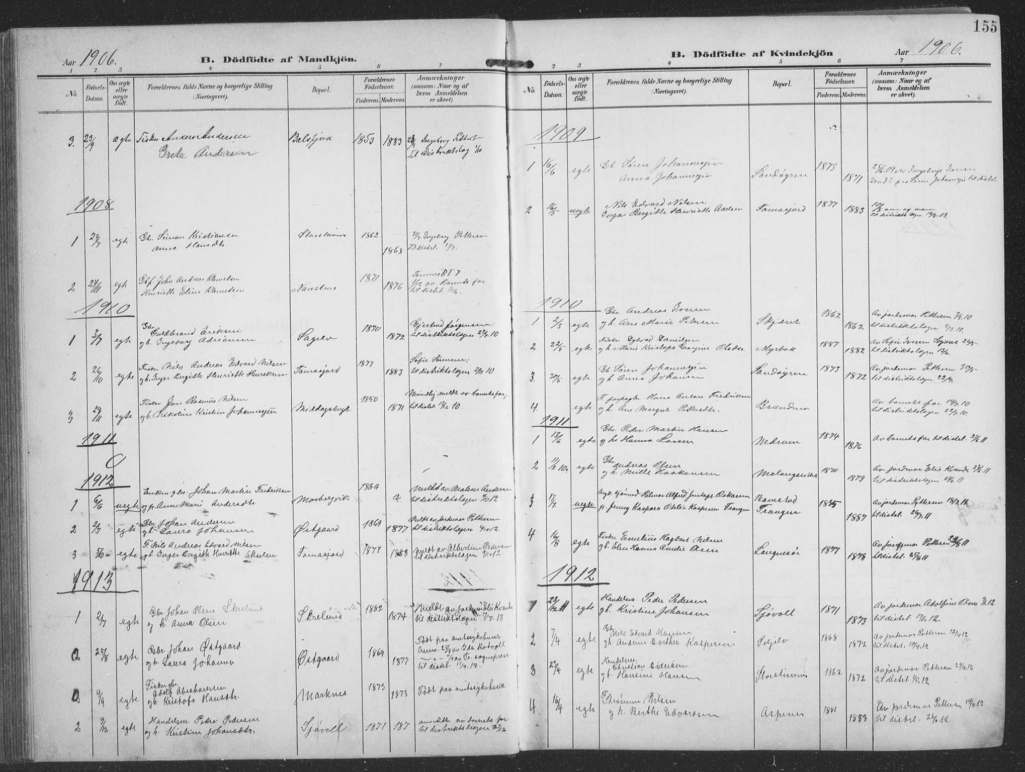 Balsfjord sokneprestembete, SATØ/S-1303/G/Ga/L0009klokker: Parish register (copy) no. 9, 1906-1920, p. 155