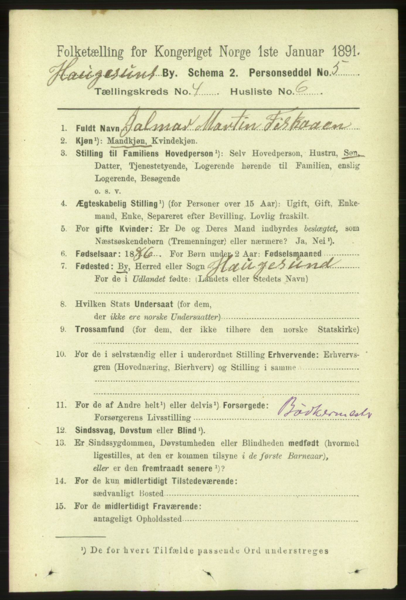 RA, 1891 census for 1106 Haugesund, 1891, p. 1221