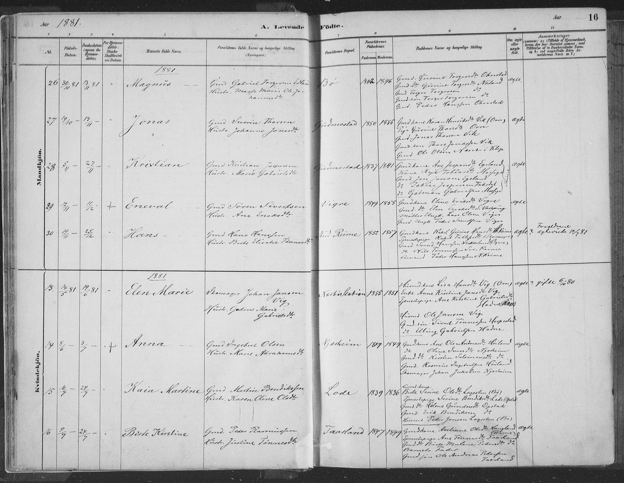 Hå sokneprestkontor, SAST/A-101801/001/30BA/L0010: Parish register (official) no. A 9, 1879-1896, p. 16