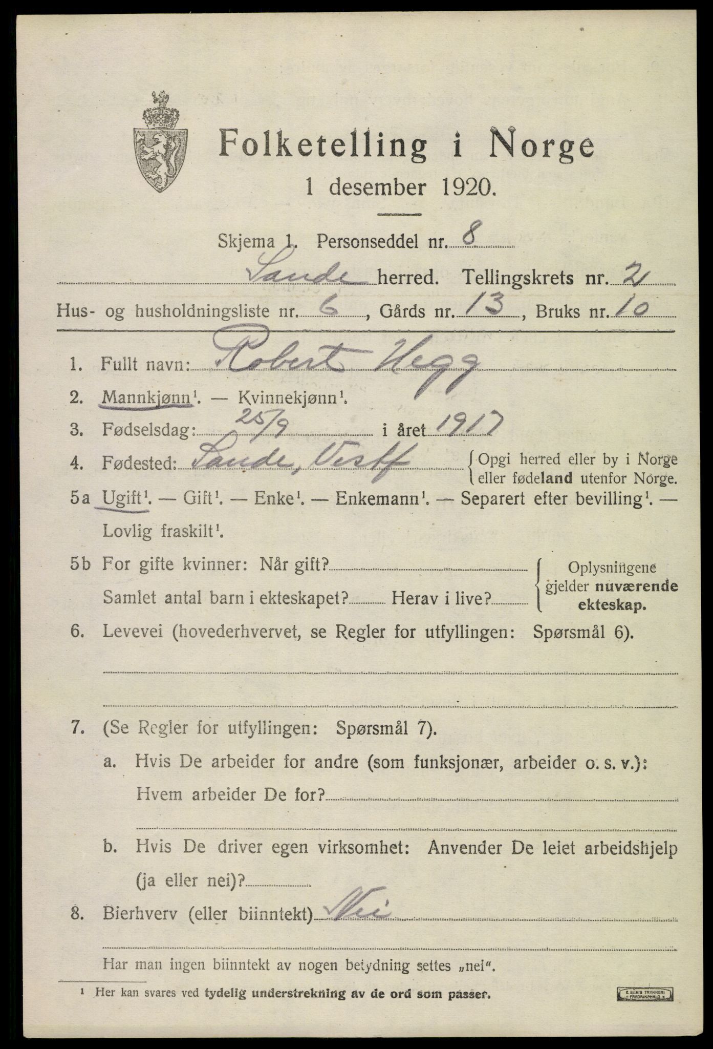 SAKO, 1920 census for Sande, 1920, p. 2226