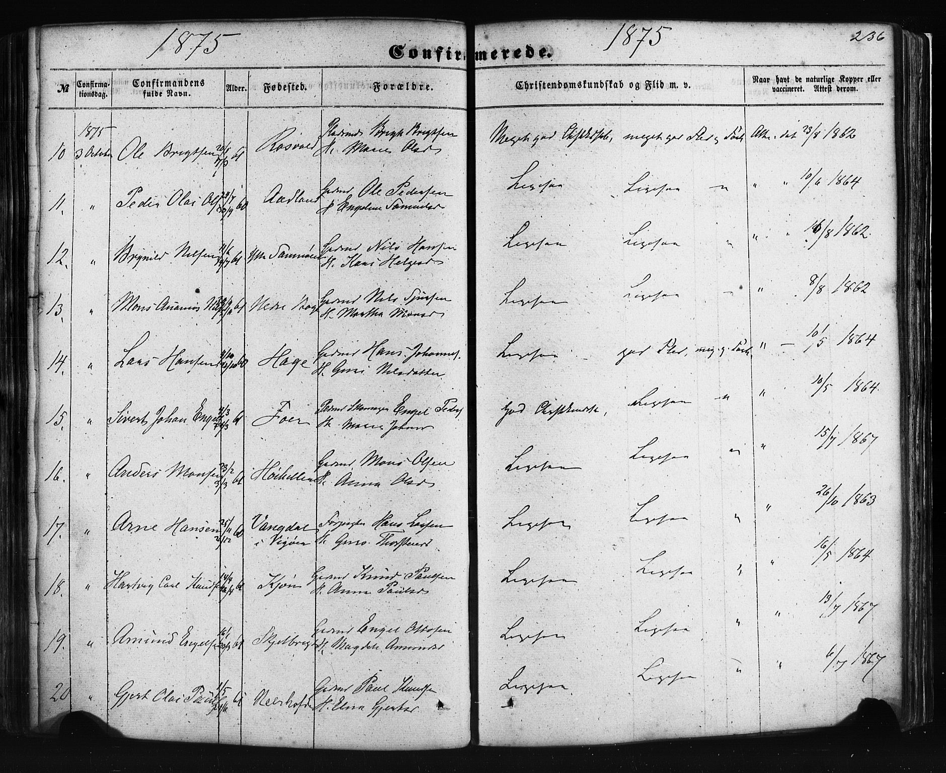 Fusa sokneprestembete, AV/SAB-A-75401/H/Haa: Parish register (official) no. A 1I, 1855-1879, p. 236