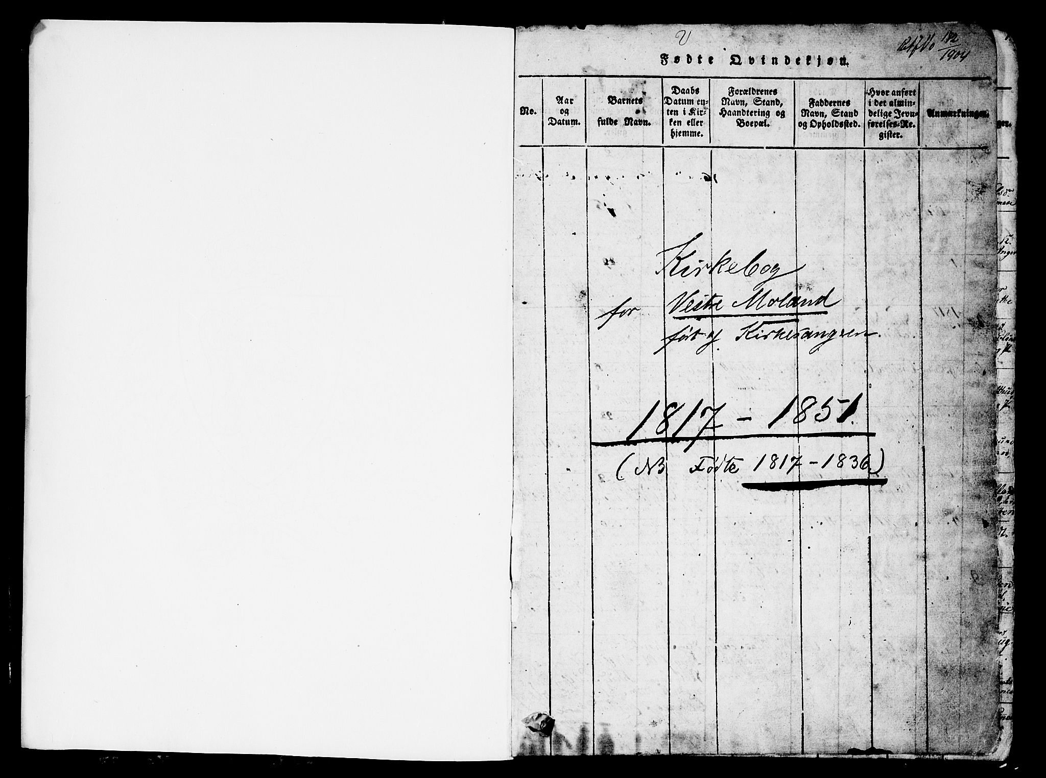 Vestre Moland sokneprestkontor, SAK/1111-0046/F/Fb/Fbb/L0001: Parish register (copy) no. B 1, 1816-1851