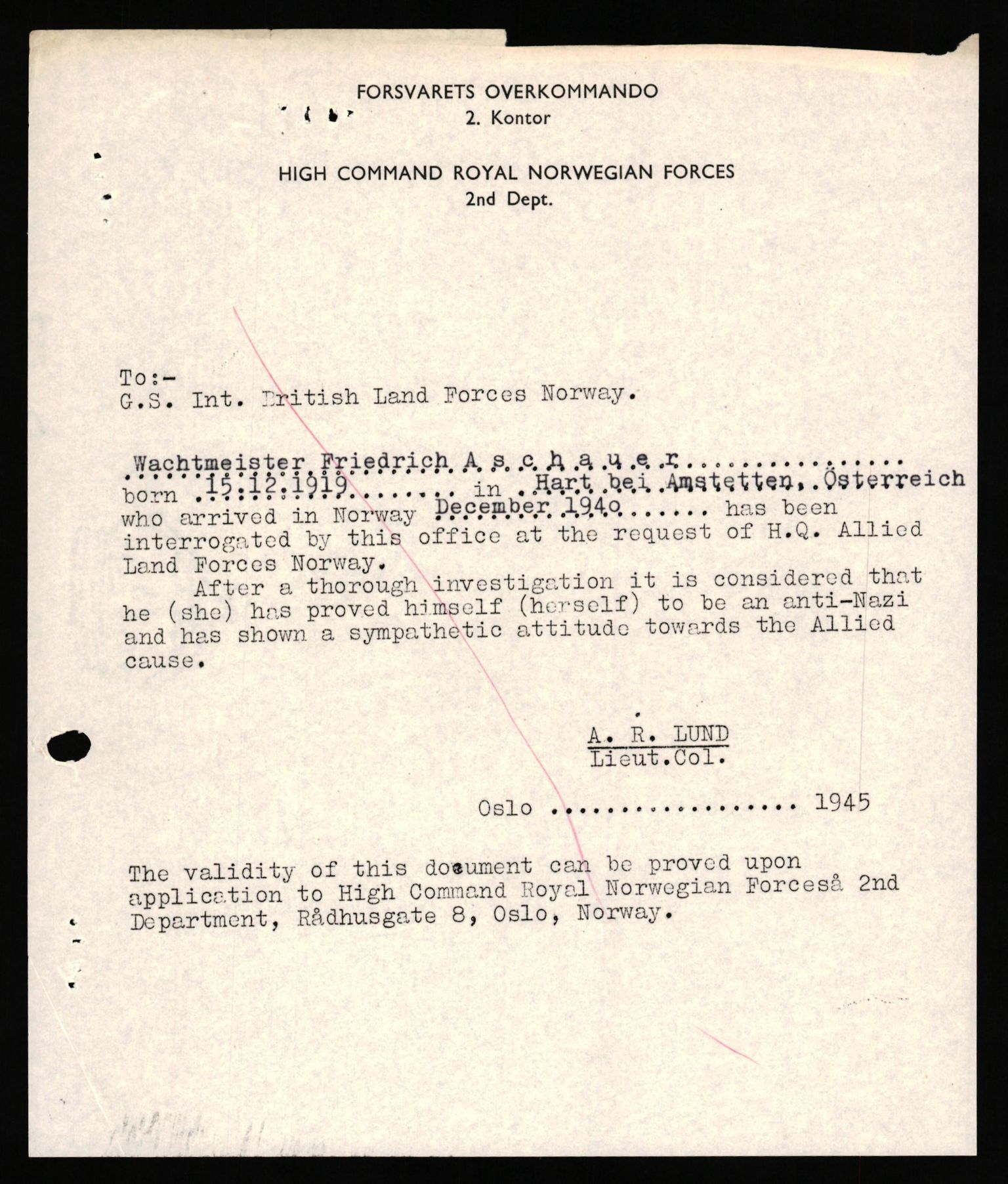 Forsvaret, Forsvarets overkommando II, AV/RA-RAFA-3915/D/Db/L0038: CI Questionaires. Tyske okkupasjonsstyrker i Norge. Østerrikere., 1945-1946, p. 44