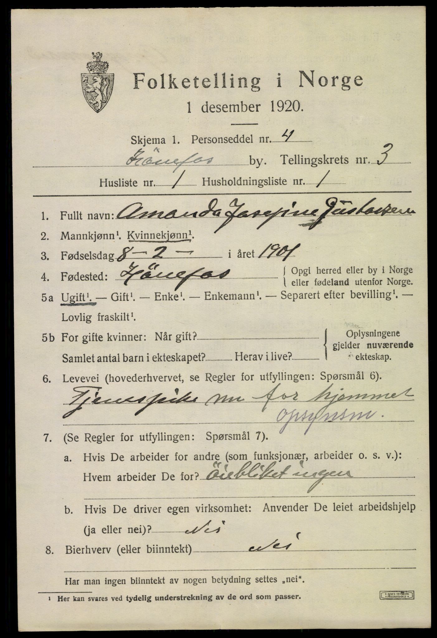 SAKO, 1920 census for Hønefoss, 1920, p. 5188