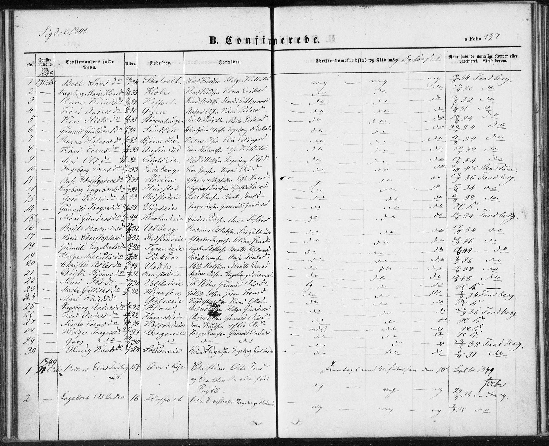 Sigdal kirkebøker, AV/SAKO-A-245/F/Fa/L0007: Parish register (official) no. I 7, 1844-1849, p. 127