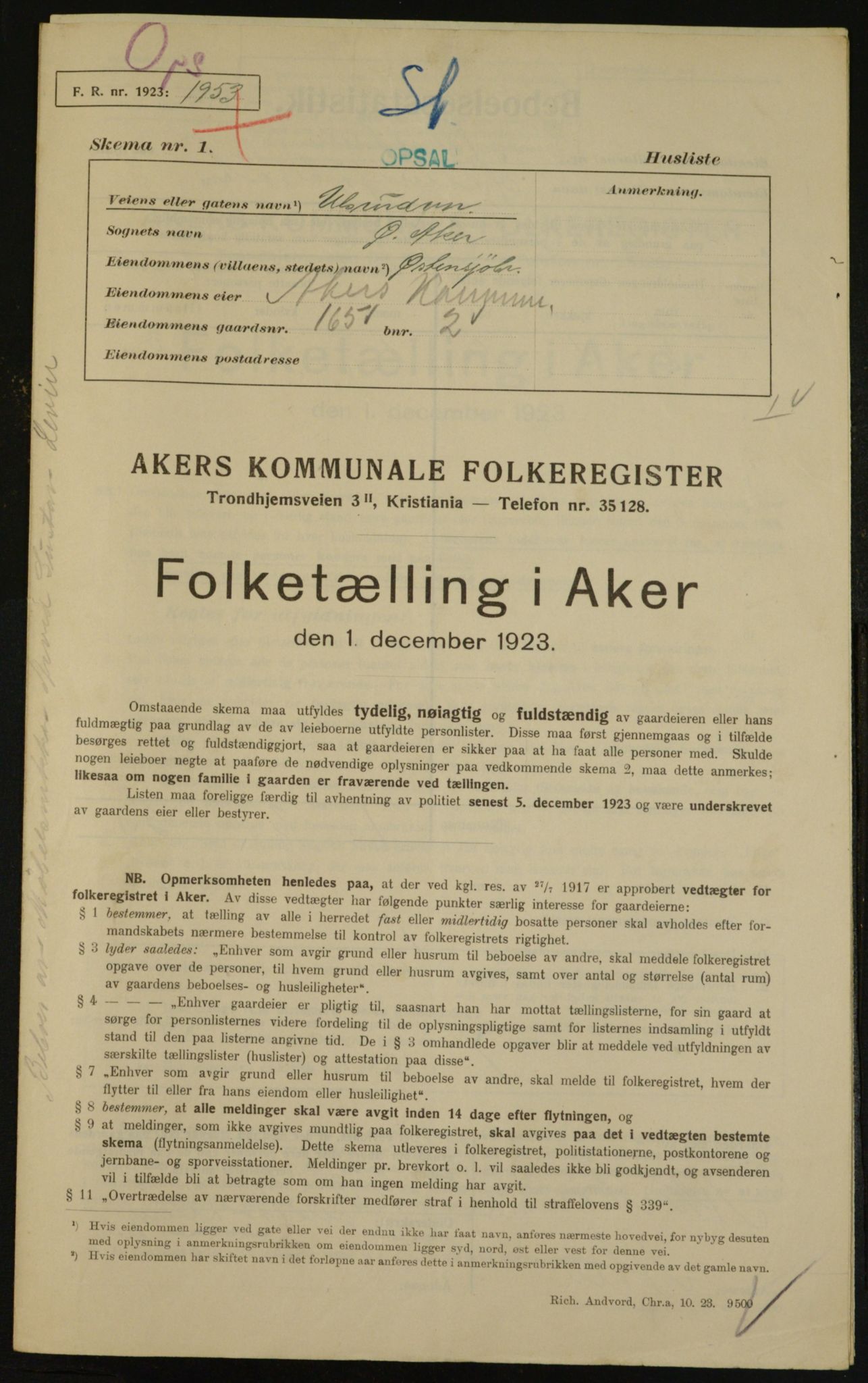 , Municipal Census 1923 for Aker, 1923, p. 34897