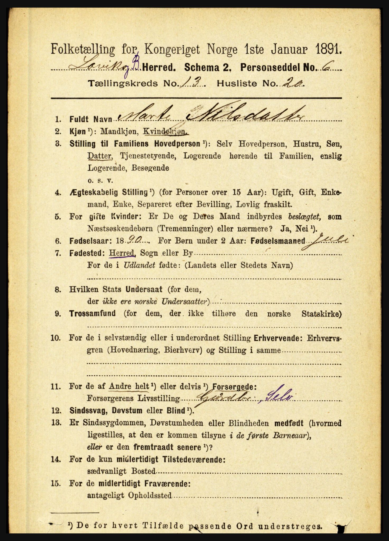 RA, 1891 census for 1415 Lavik og Brekke, 1891, p. 2651