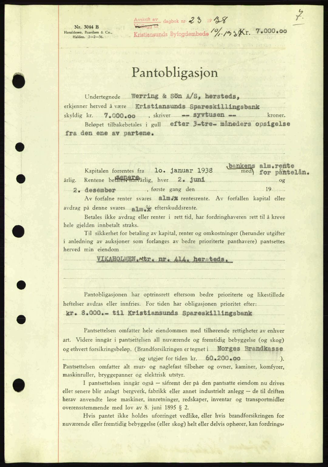 Kristiansund byfogd, AV/SAT-A-4587/A/27: Mortgage book no. 31, 1938-1939, Diary no: : 23/1938