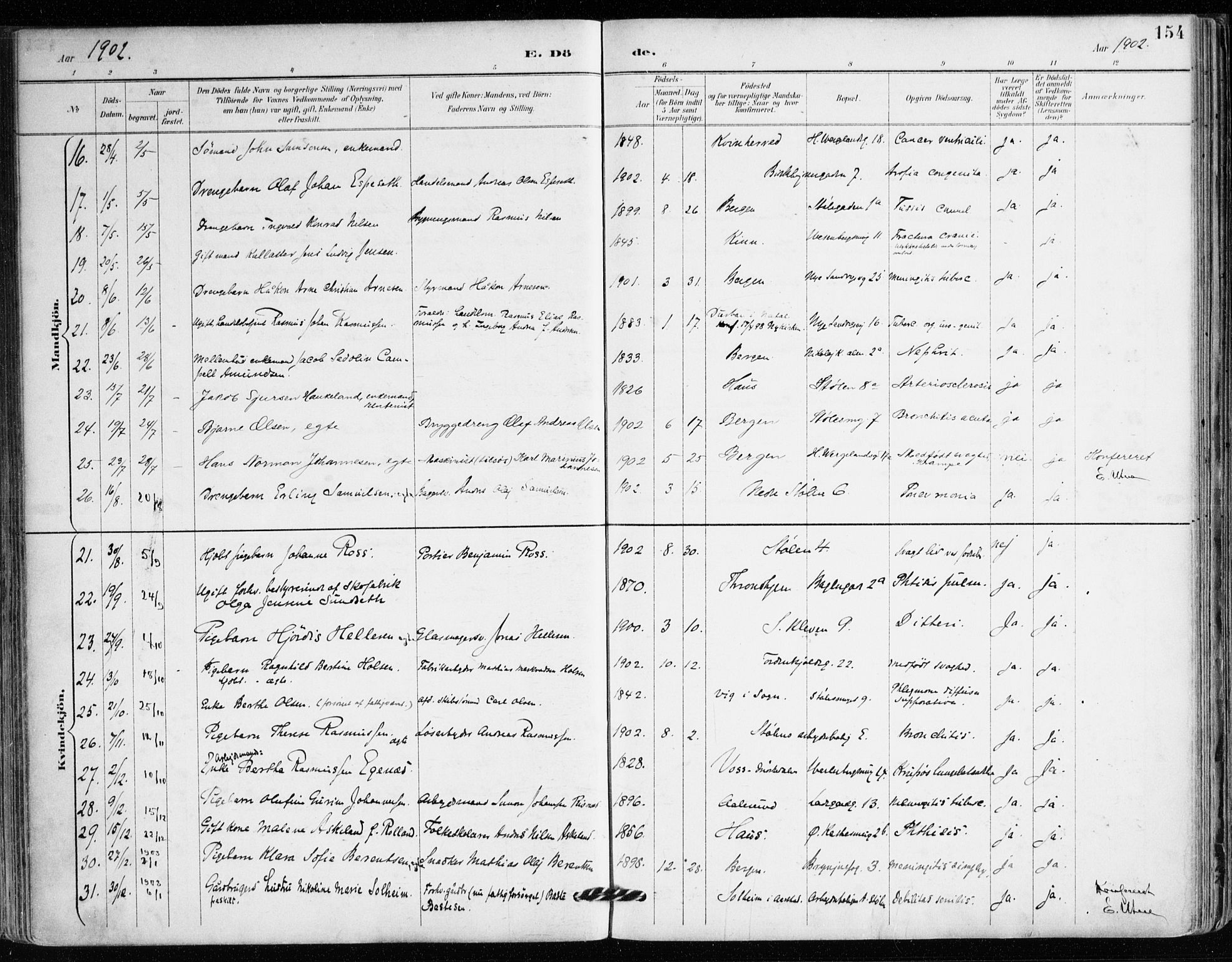 Mariakirken Sokneprestembete, SAB/A-76901/H/Haa/L0008: Parish register (official) no. A 8, 1893-1942, p. 154