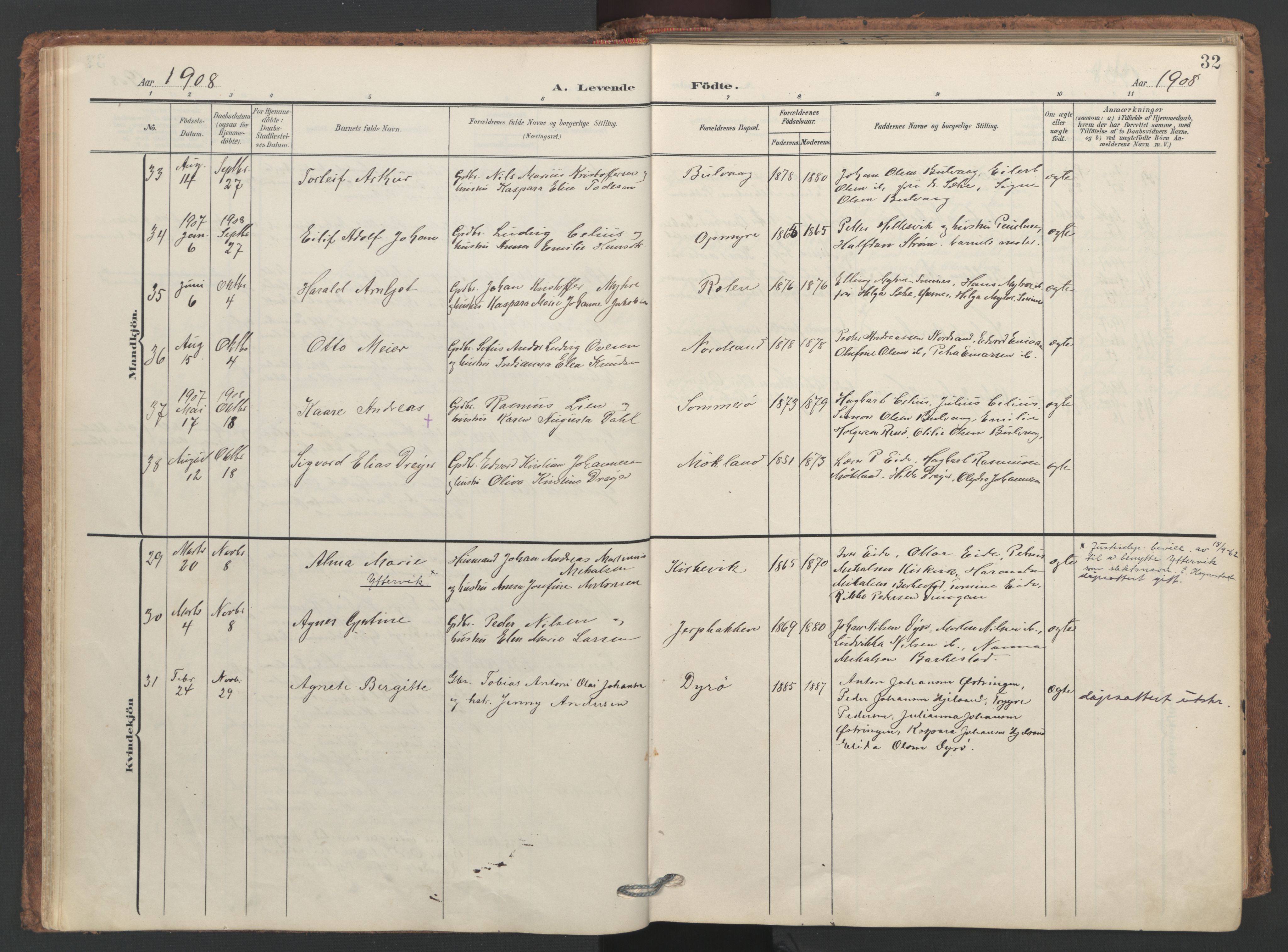 Ministerialprotokoller, klokkerbøker og fødselsregistre - Nordland, SAT/A-1459/893/L1339: Parish register (official) no. 893A11, 1904-1914, p. 32