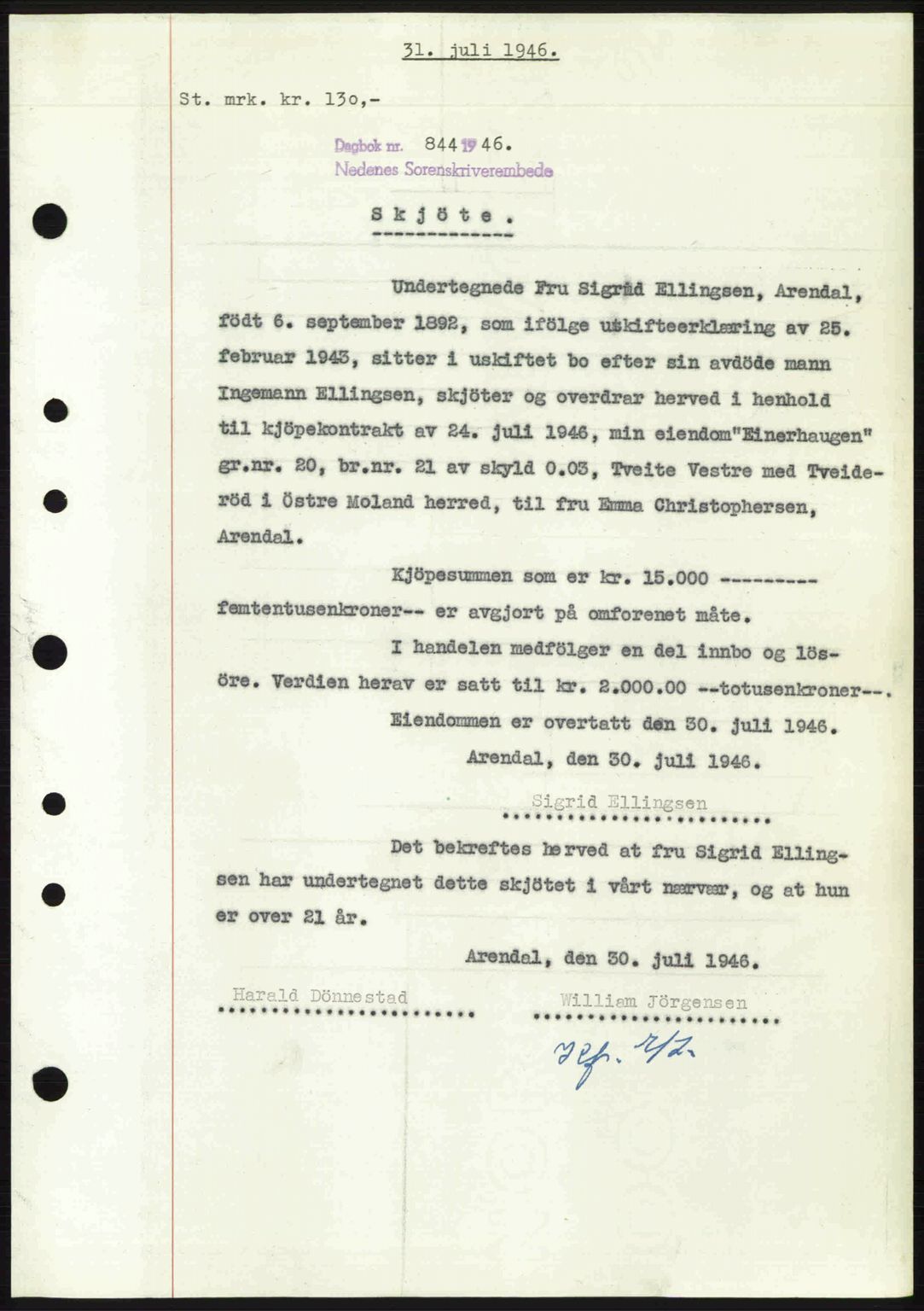 Nedenes sorenskriveri, SAK/1221-0006/G/Gb/Gba/L0055: Mortgage book no. A7, 1946-1946, Diary no: : 844/1946