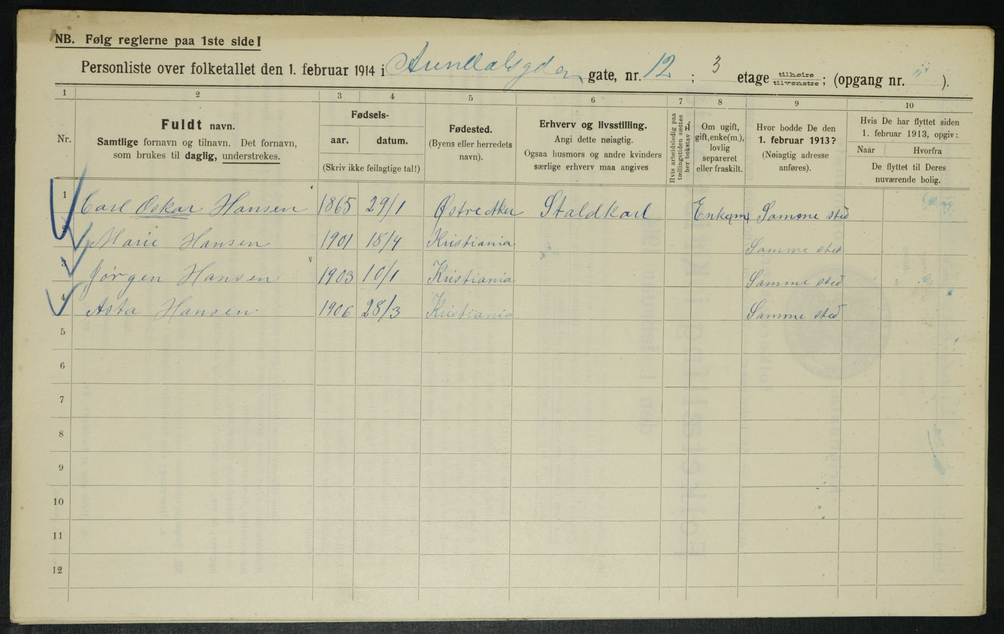 OBA, Municipal Census 1914 for Kristiania, 1914, p. 2007