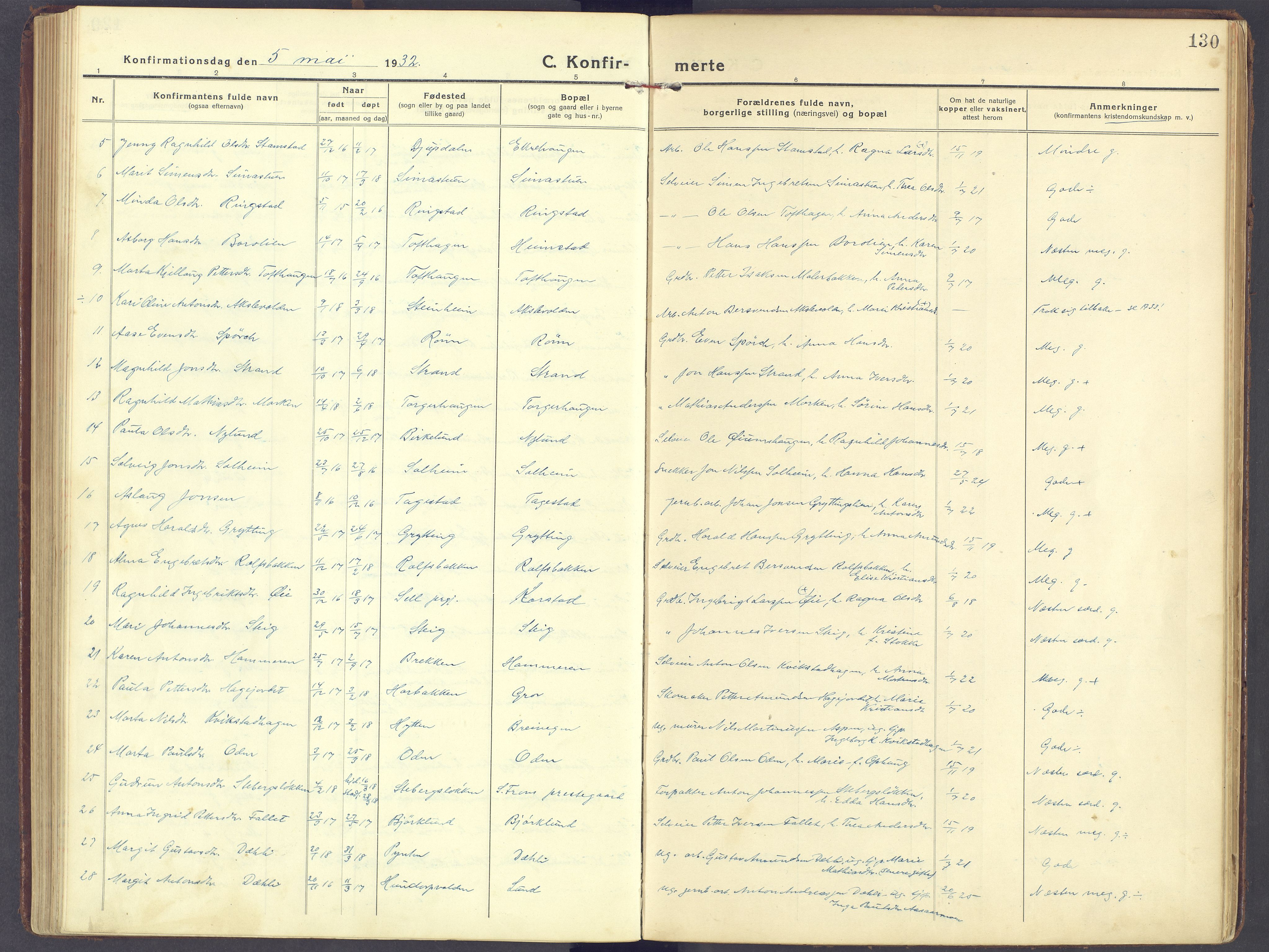 Sør-Fron prestekontor, AV/SAH-PREST-010/H/Ha/Haa/L0005: Parish register (official) no. 5, 1920-1933, p. 130