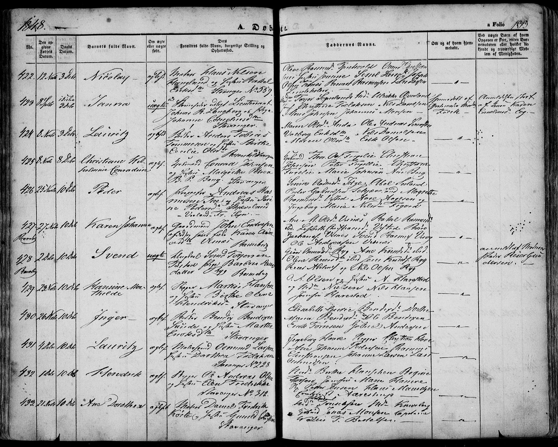 Domkirken sokneprestkontor, SAST/A-101812/001/30/30BA/L0016: Parish register (official) no. A 15, 1844-1854, p. 133