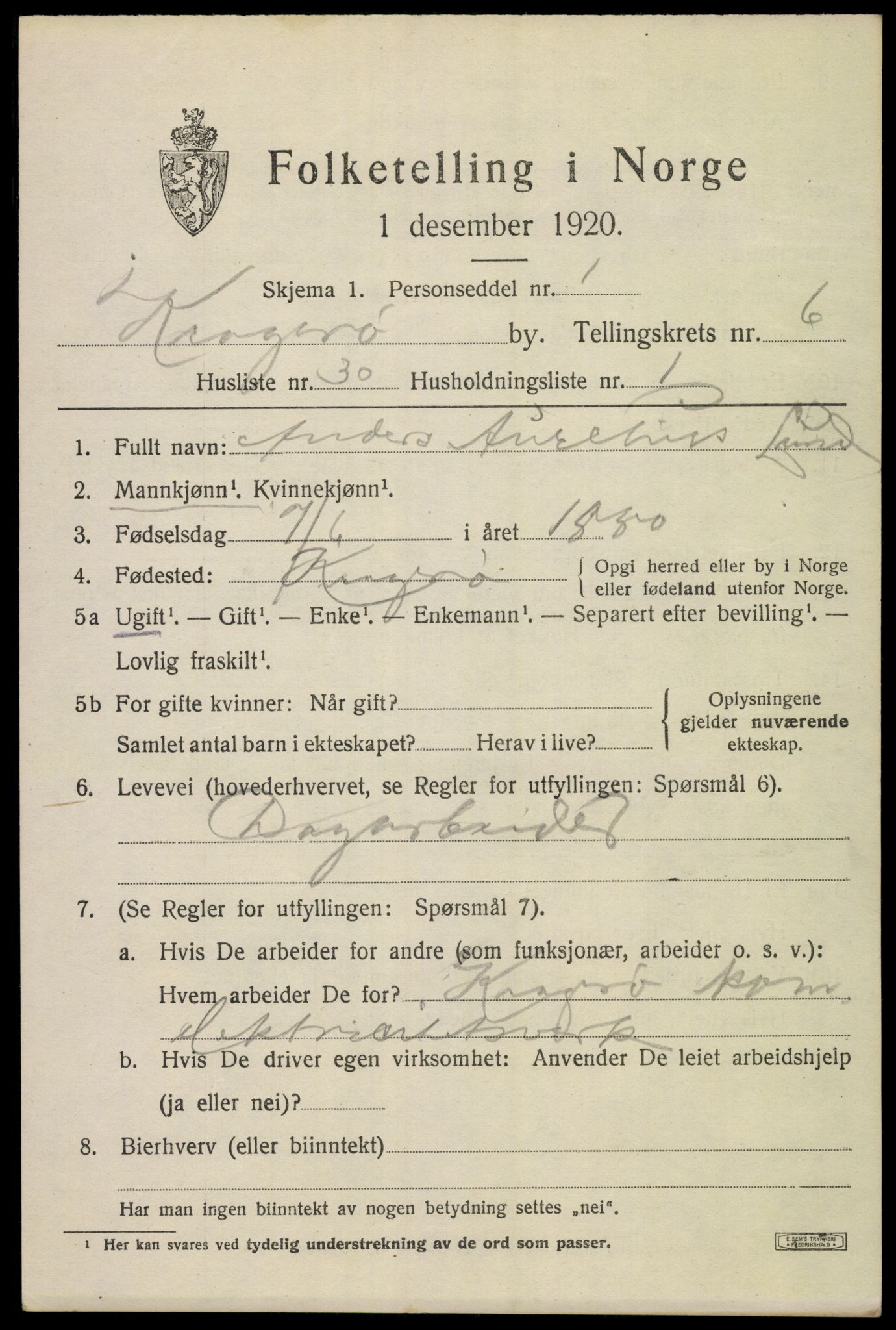 SAKO, 1920 census for Kragerø, 1920, p. 9415