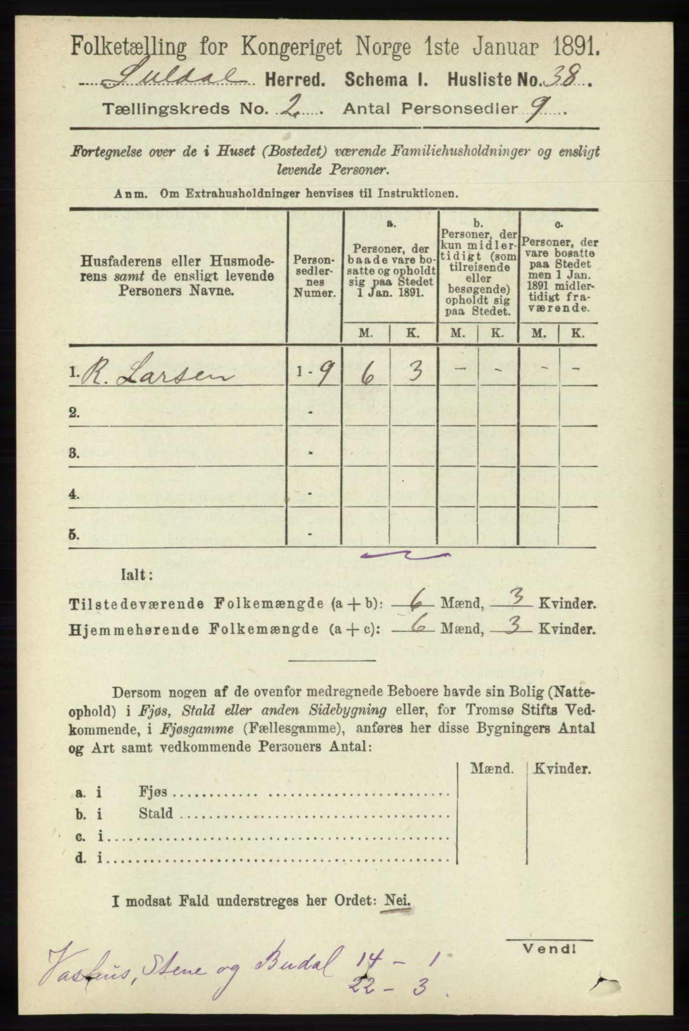 RA, 1891 census for 1134 Suldal, 1891, p. 232