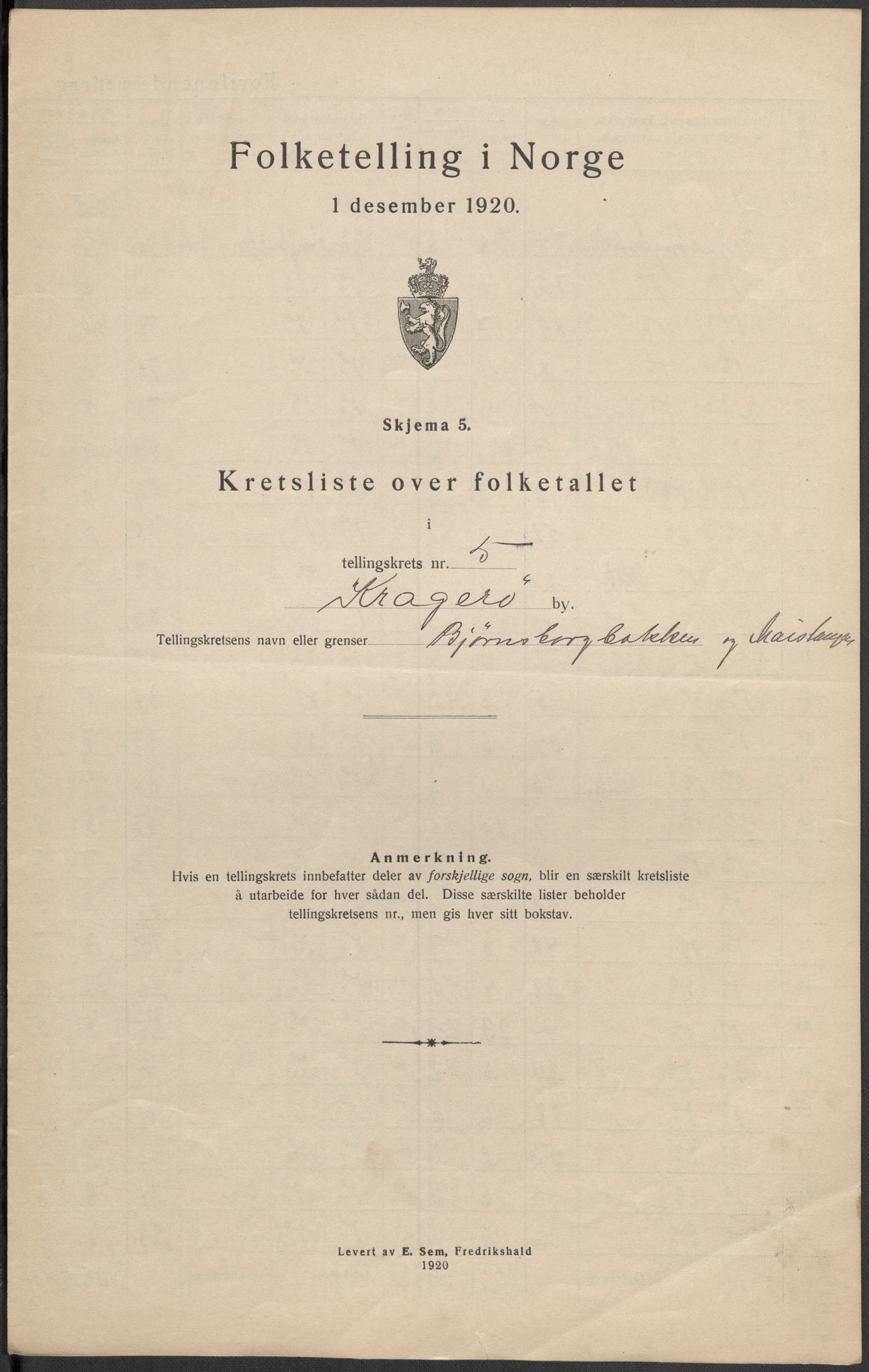 SAKO, 1920 census for Kragerø, 1920, p. 20