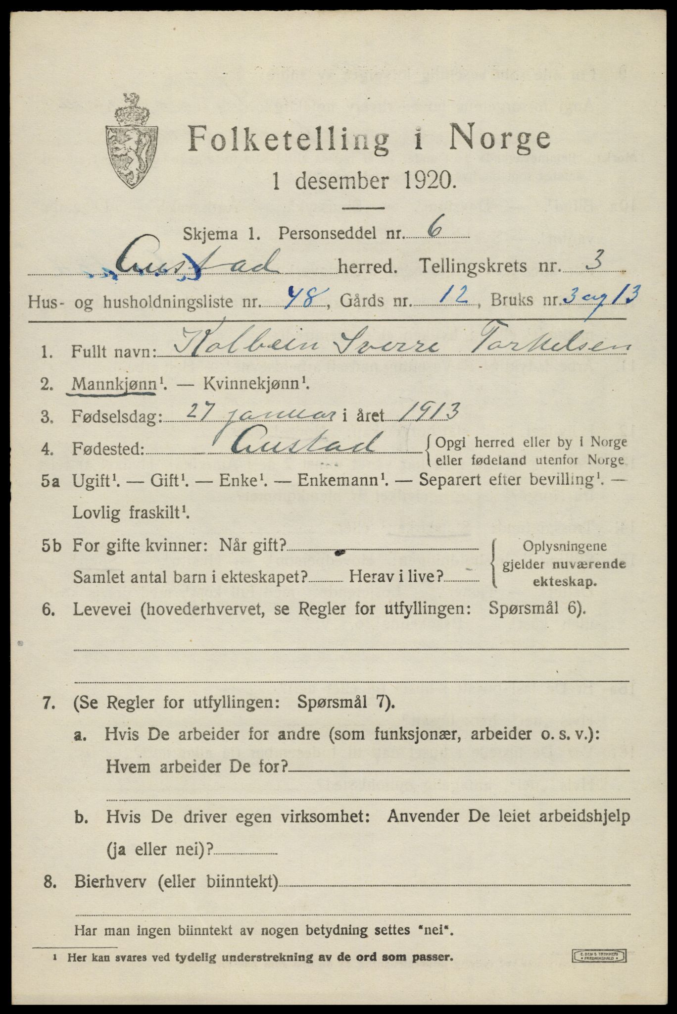 SAK, 1920 census for Austad, 1920, p. 1379