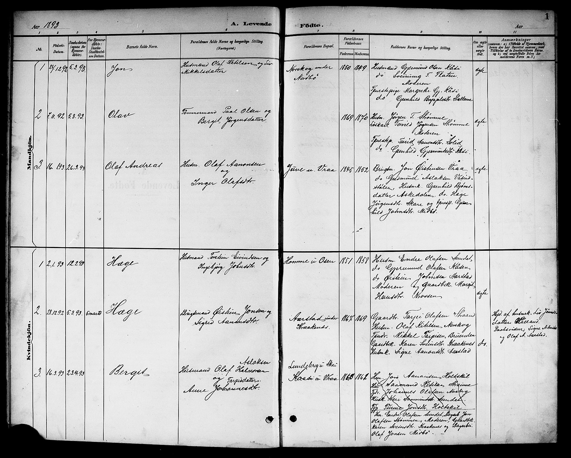 Kviteseid kirkebøker, SAKO/A-276/G/Gc/L0001: Parish register (copy) no. III 1, 1893-1916, p. 1