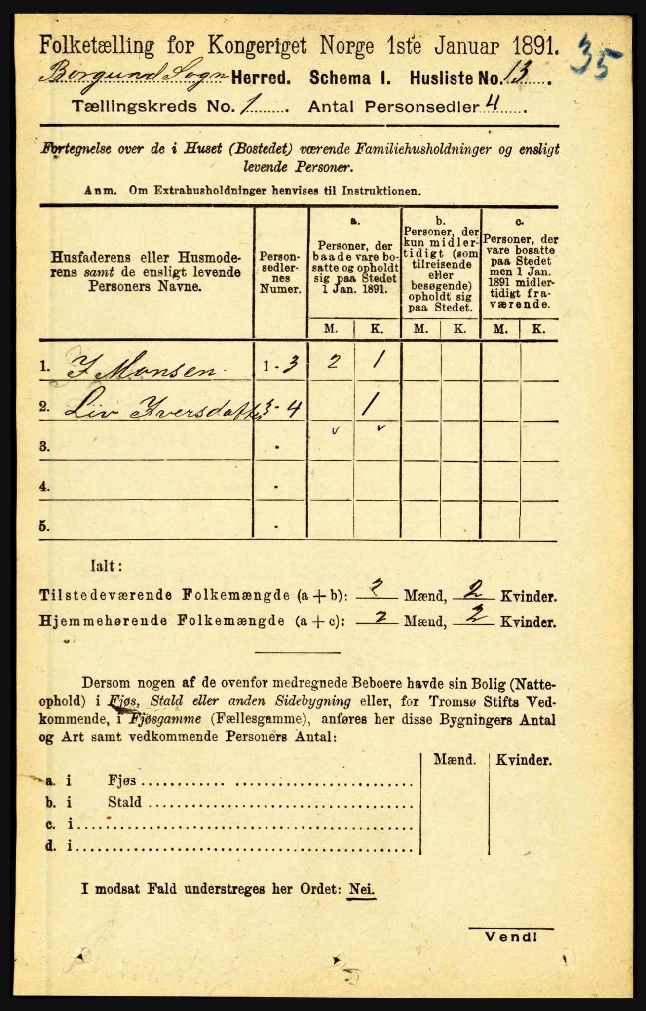 RA, 1891 census for 1423 Borgund, 1891, p. 26