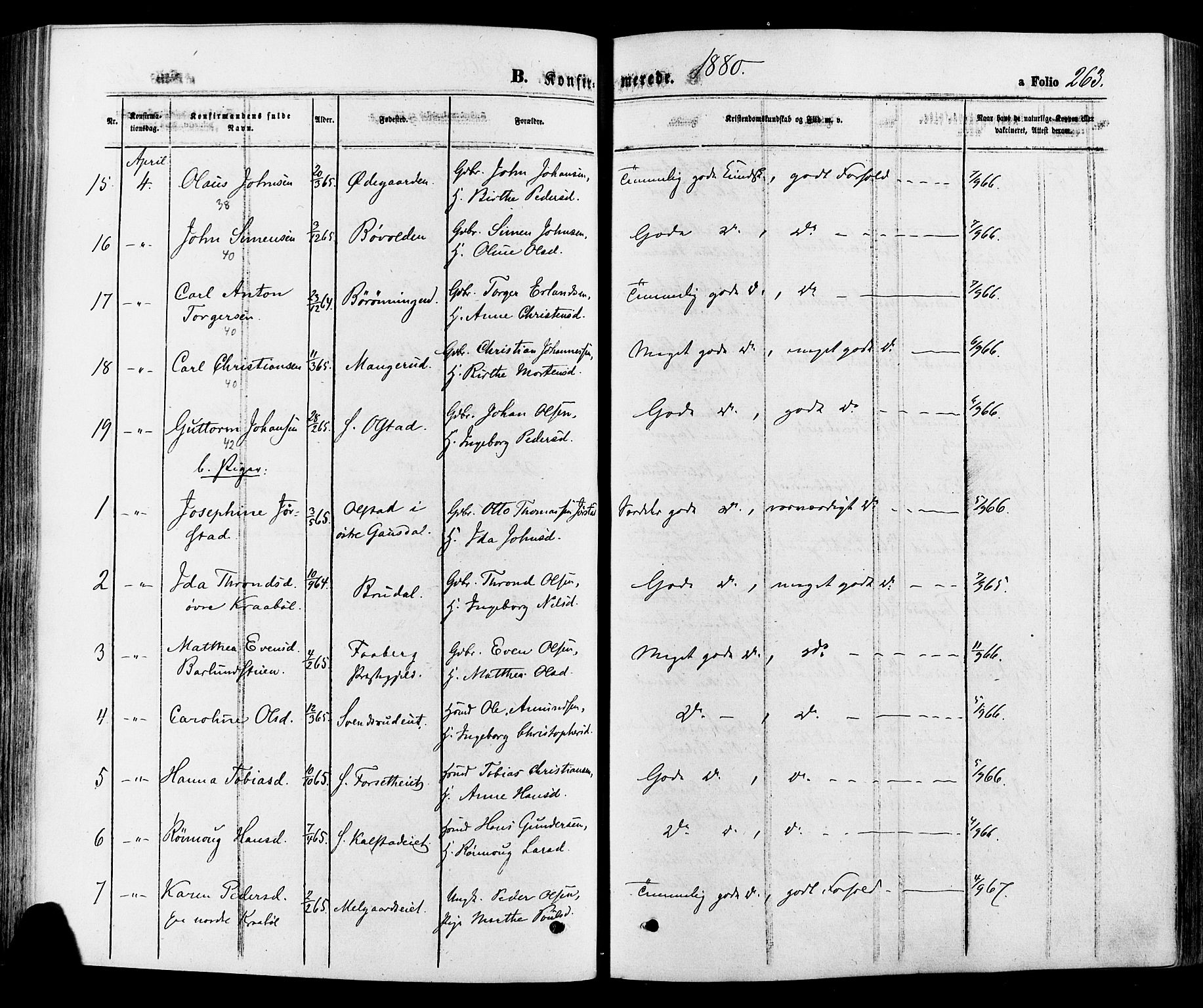 Gausdal prestekontor, SAH/PREST-090/H/Ha/Haa/L0010: Parish register (official) no. 10, 1867-1886, p. 263
