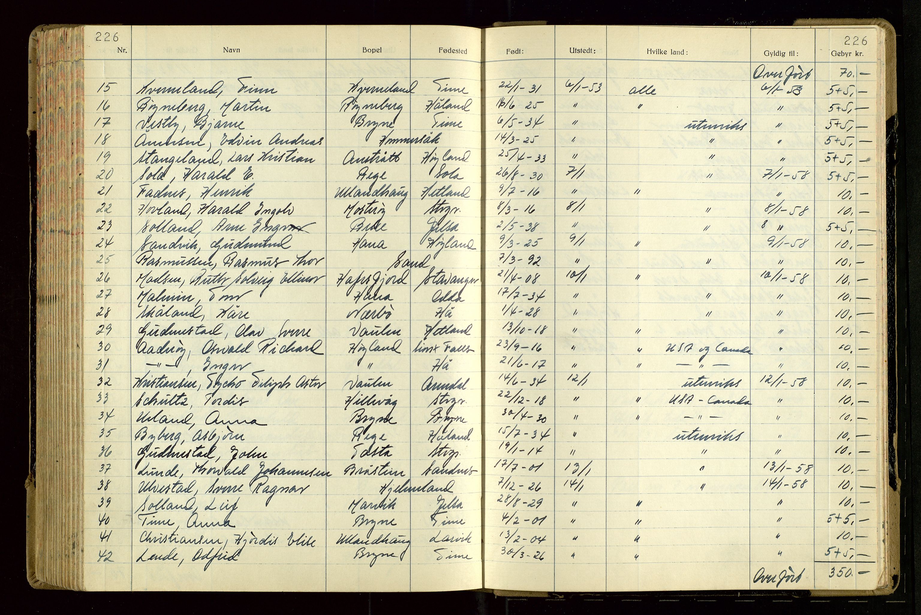 Rogaland politikammer, AV/SAST-A-101403/K/Ka/L0003: Passprotokoll, 1950-1953, p. 226