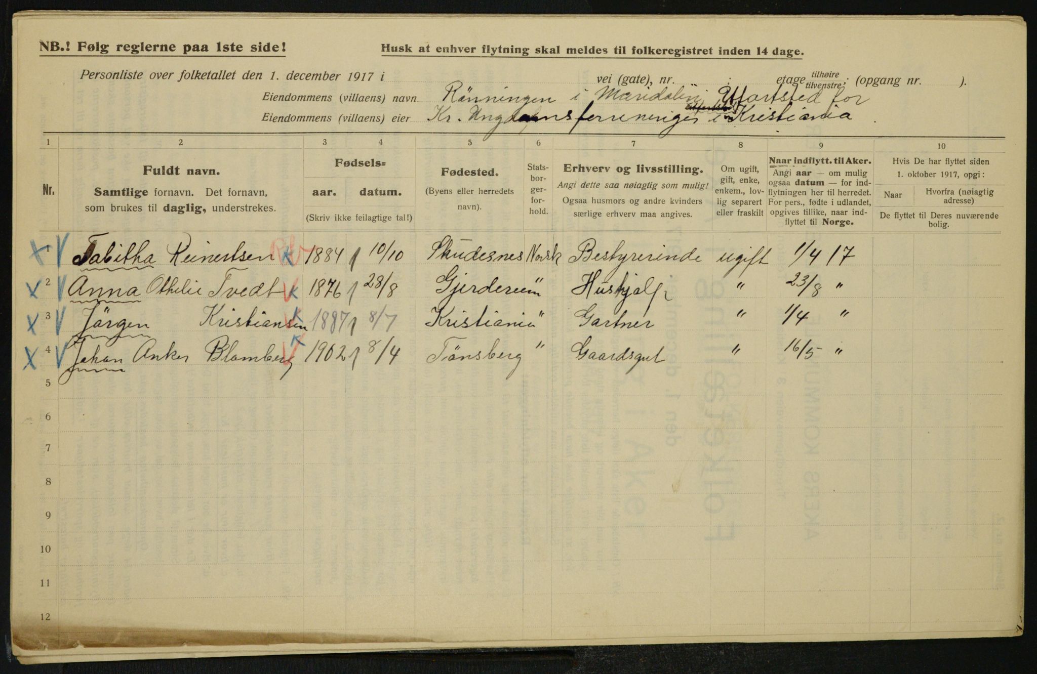 OBA, Municipal Census 1917 for Aker, 1917, p. 14184