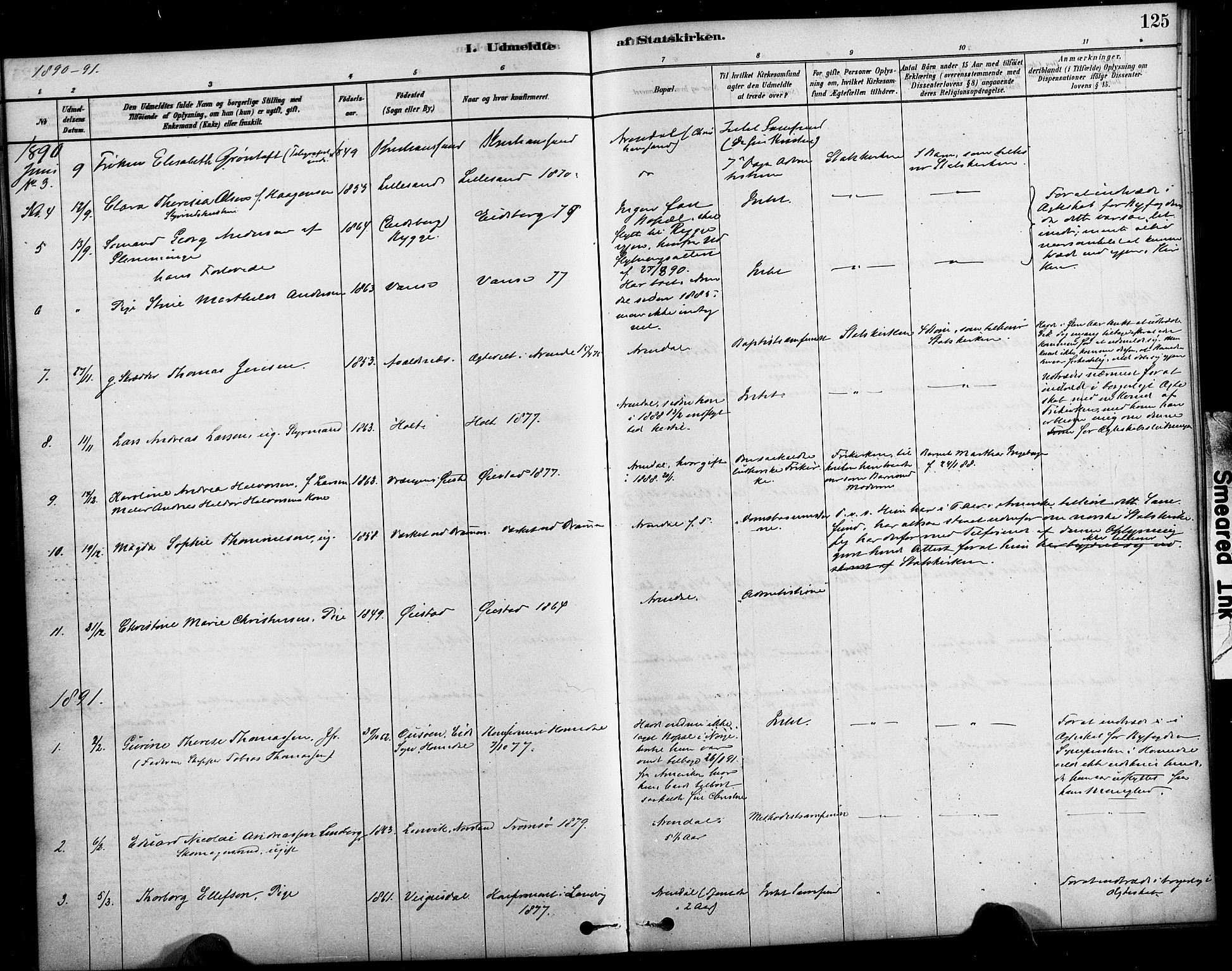 Arendal sokneprestkontor, Trefoldighet, SAK/1111-0040/F/Fa/L0009: Parish register (official) no. A 9, 1878-1919, p. 125