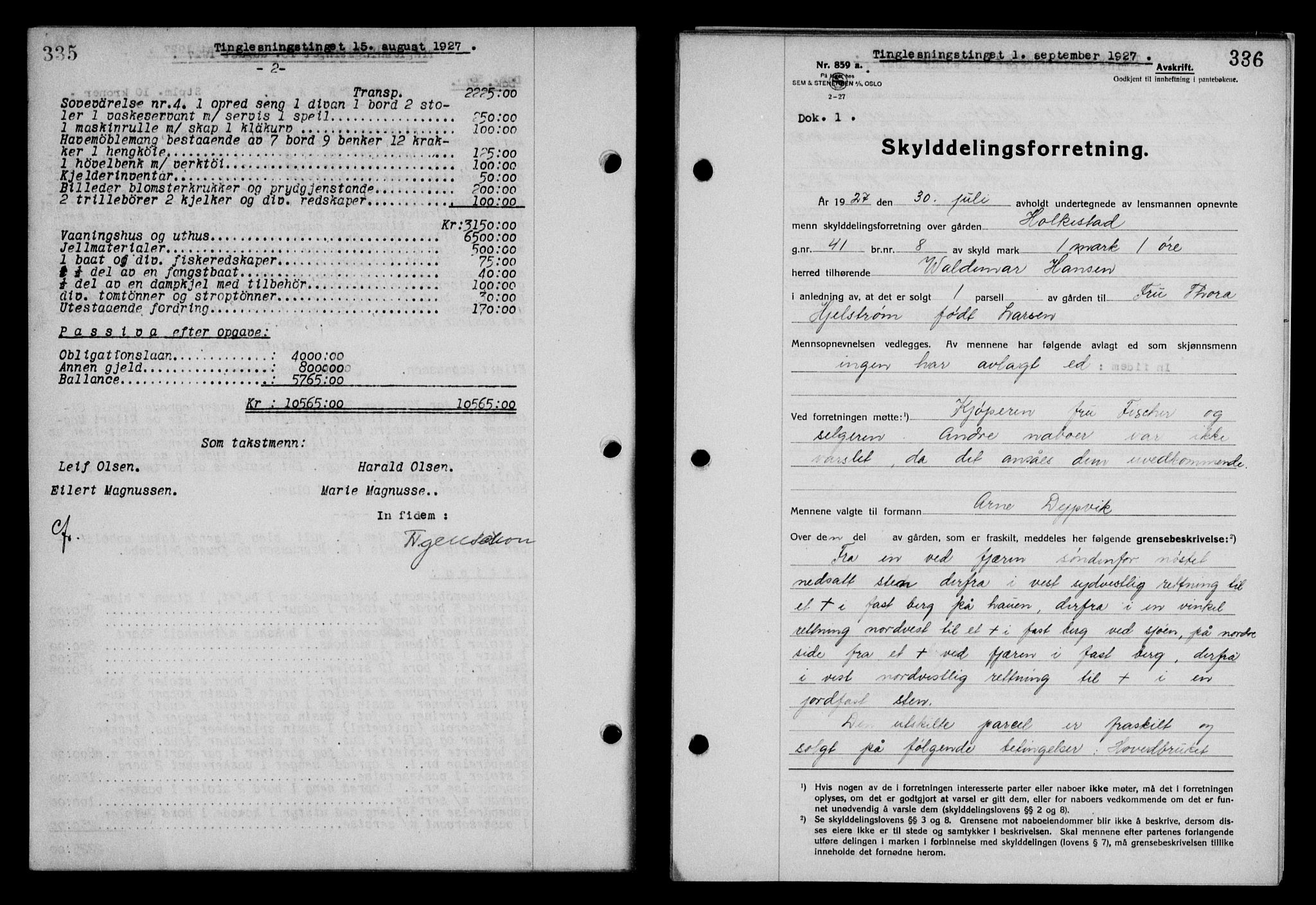 Steigen og Ofoten sorenskriveri, SAT/A-0030/1/2/2C/L0014: Mortgage book no. 13 og 15, 1926-1927, Deed date: 01.09.1927