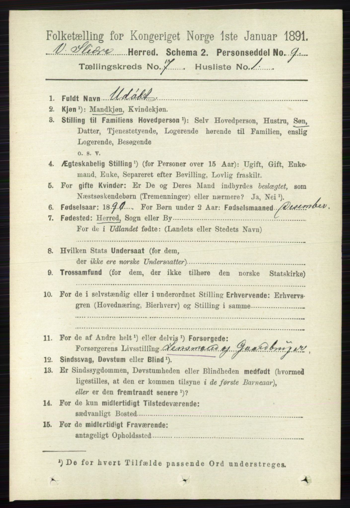 RA, 1891 census for 0543 Vestre Slidre, 1891, p. 2581