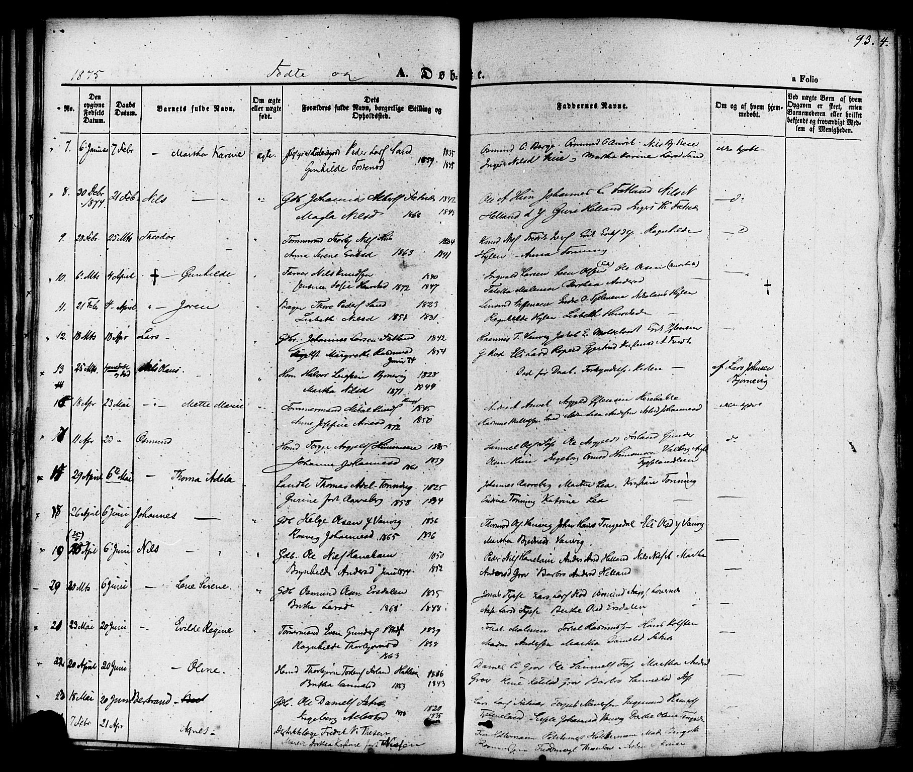 Sand sokneprestkontor, AV/SAST-A-101848/01/III/L0003: Parish register (official) no. A 3, 1854-1879, p. 93