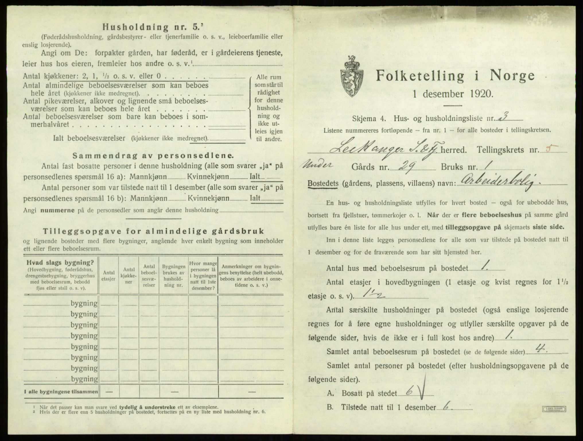 SAB, 1920 census for Leikanger, 1920, p. 526