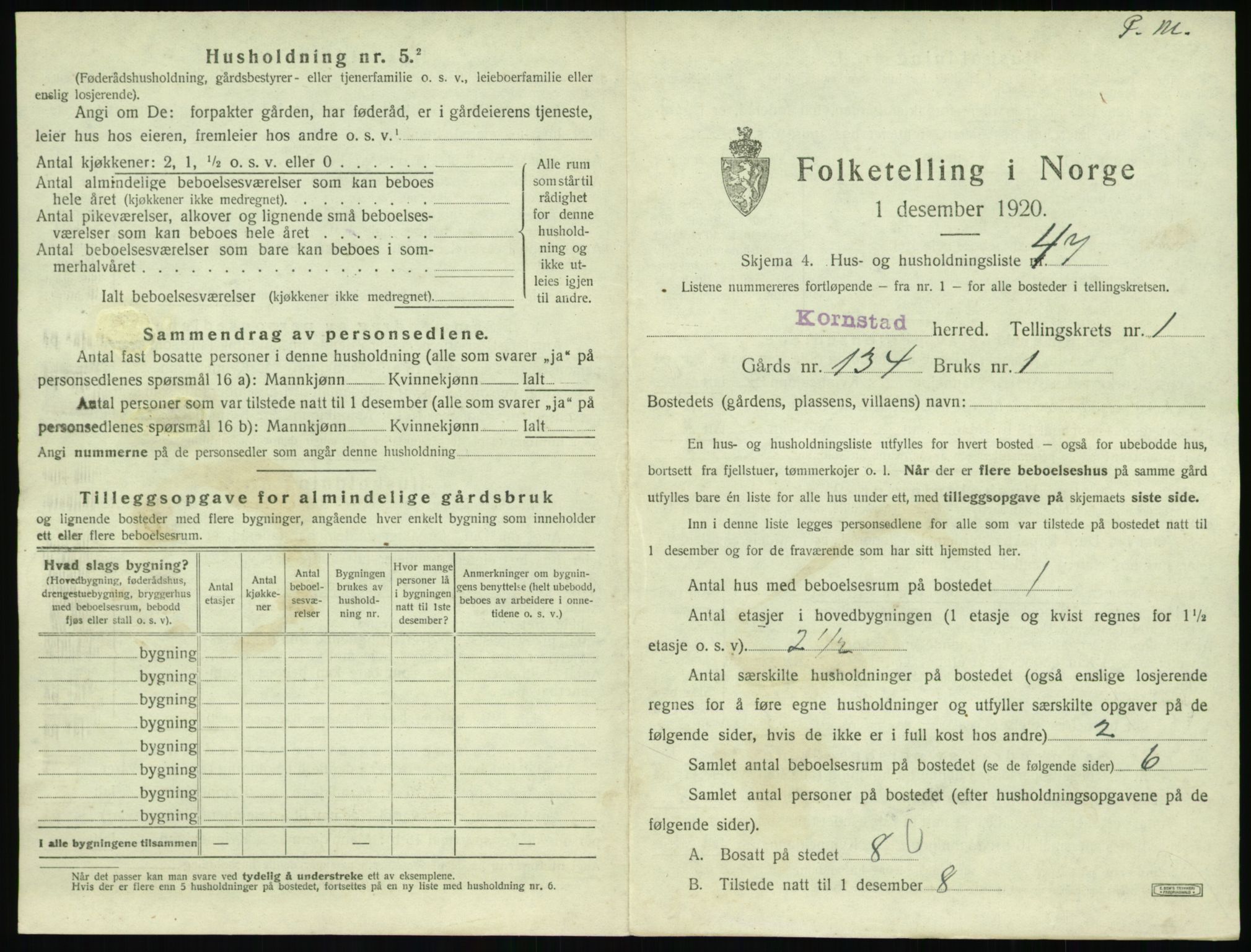 SAT, 1920 census for Kornstad, 1920, p. 123