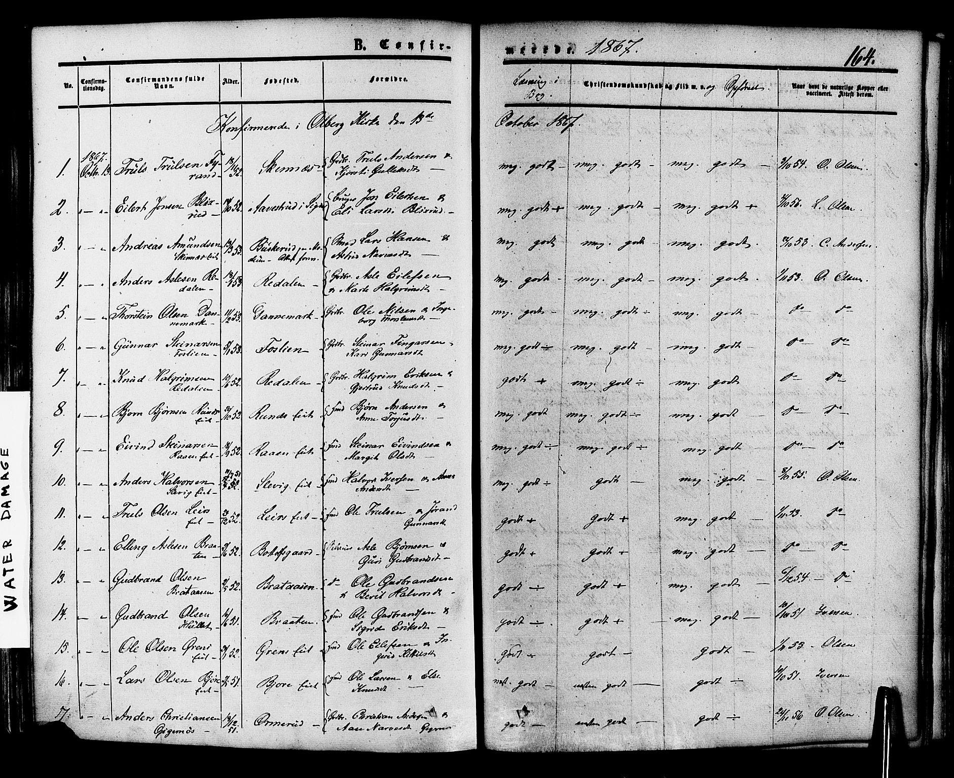 Krødsherad kirkebøker, SAKO/A-19/F/Fa/L0003: Parish register (official) no. 3, 1851-1872, p. 164