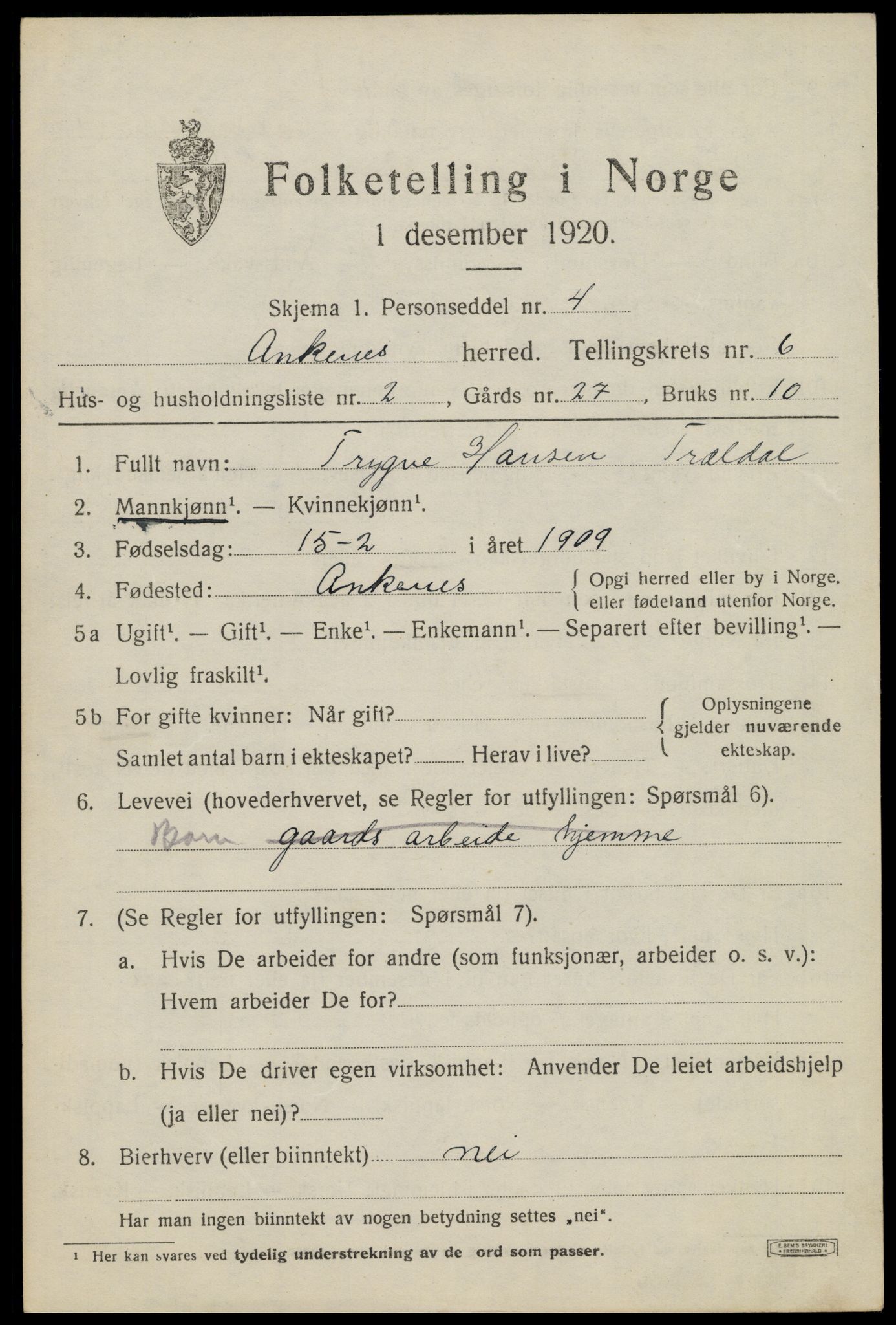 SAT, 1920 census for Ankenes, 1920, p. 3465