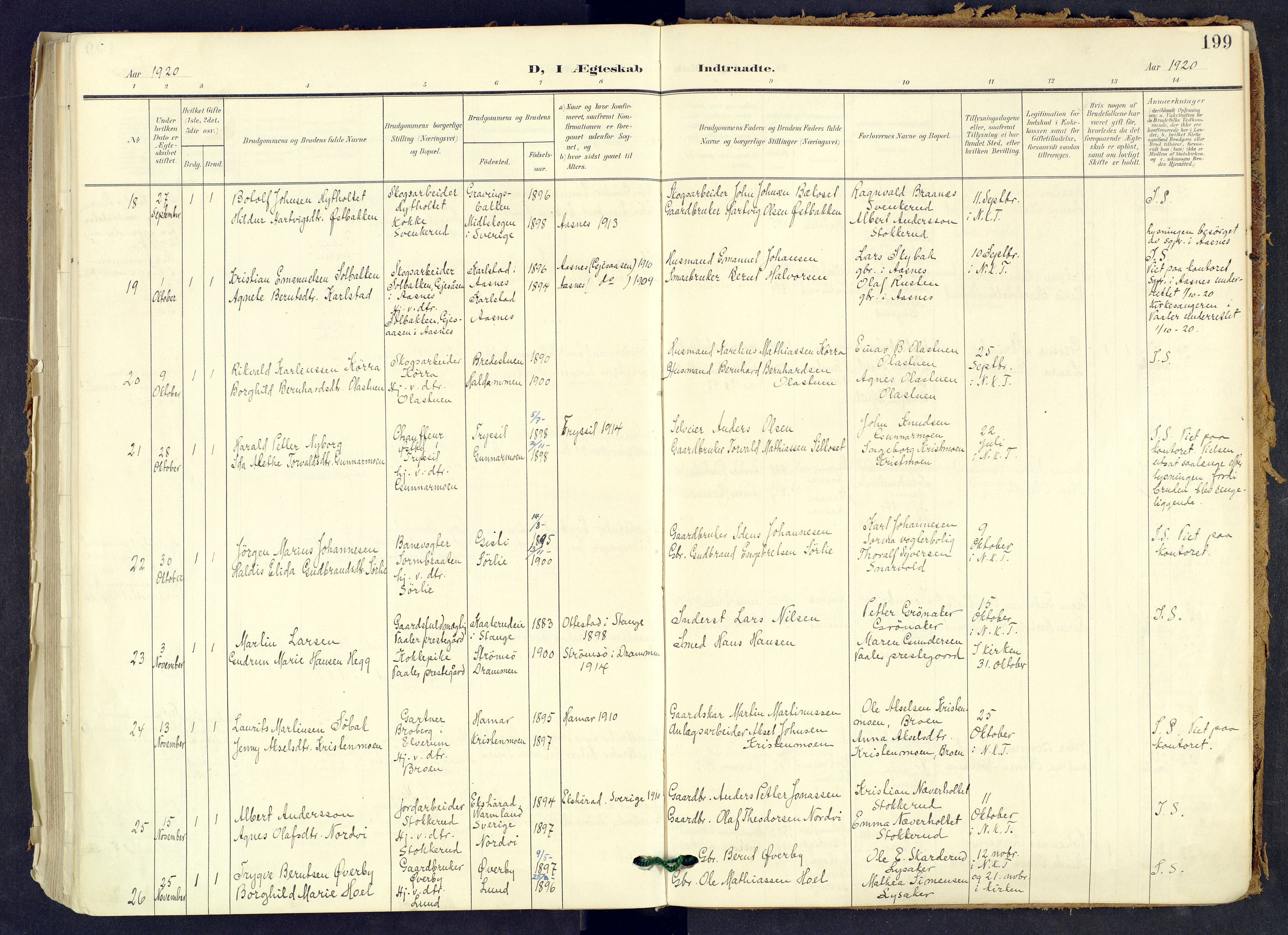 Våler prestekontor, Hedmark, AV/SAH-PREST-040/H/Ha/Haa/L0008: Parish register (official) no. 8, 1905-1921, p. 199