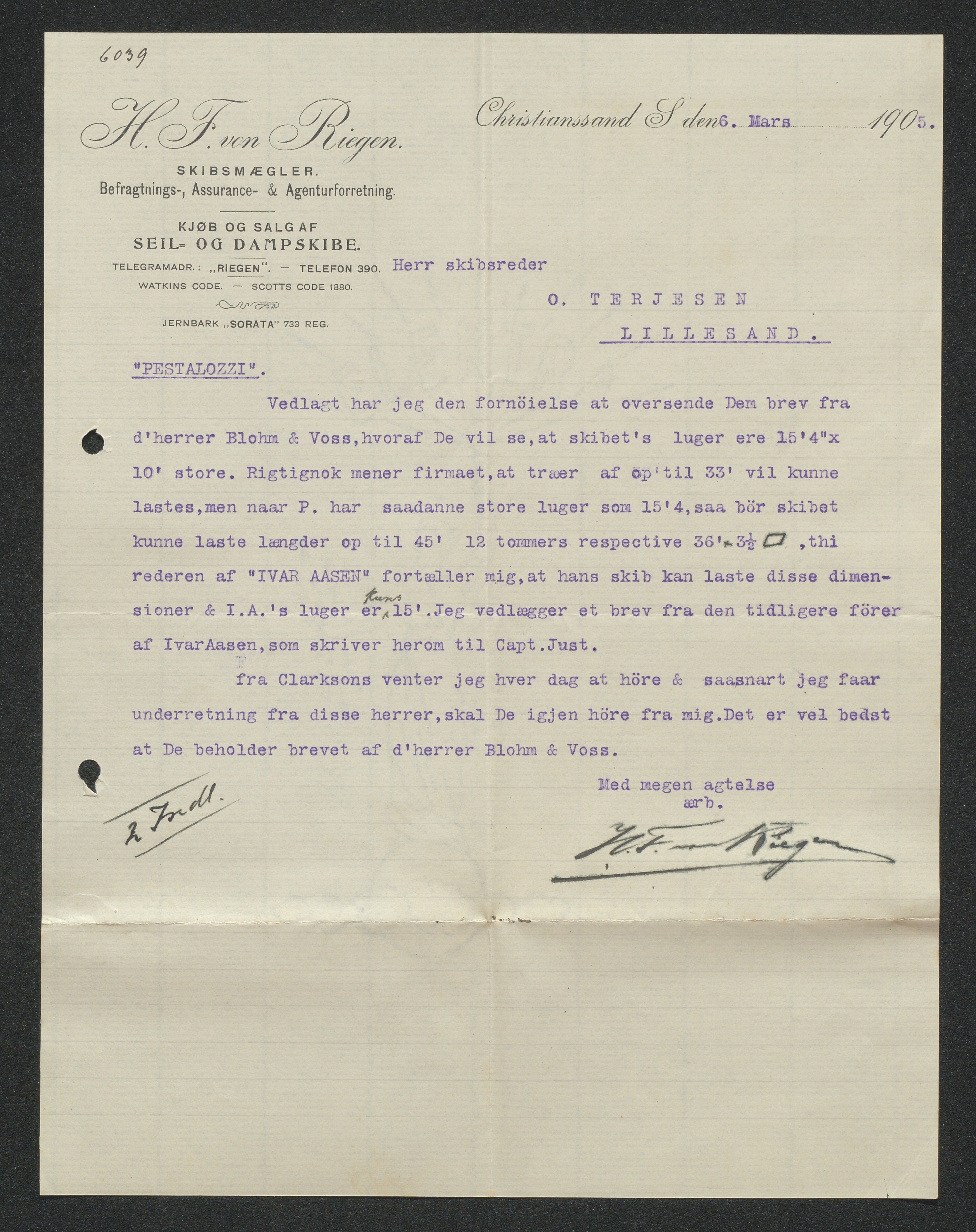 O. Terjesens rederi, AAKS/PA-2525/E/E01/L0013: Korrespondanse, 1904-1905