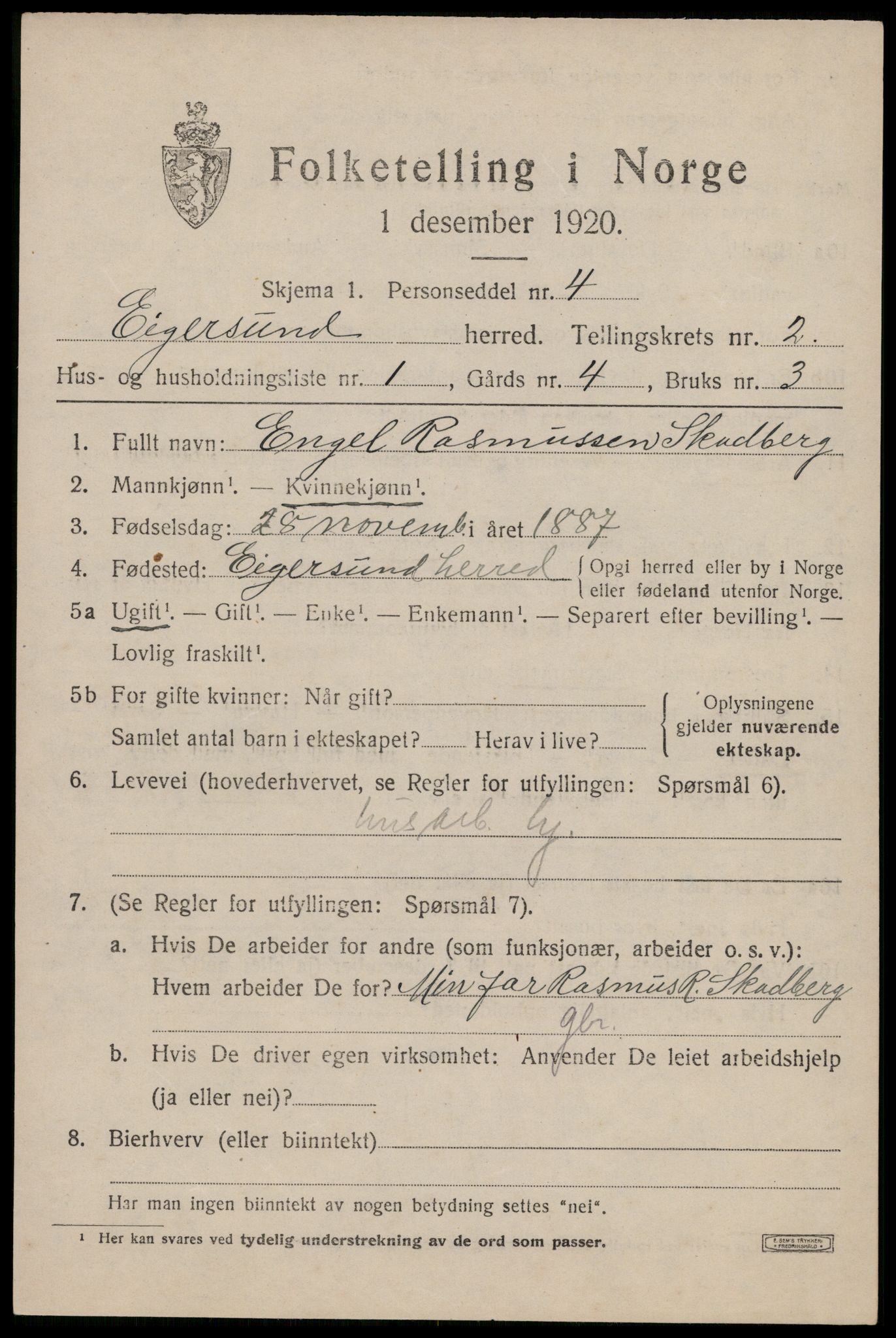 SAST, 1920 census for Eigersund, 1920, p. 1629