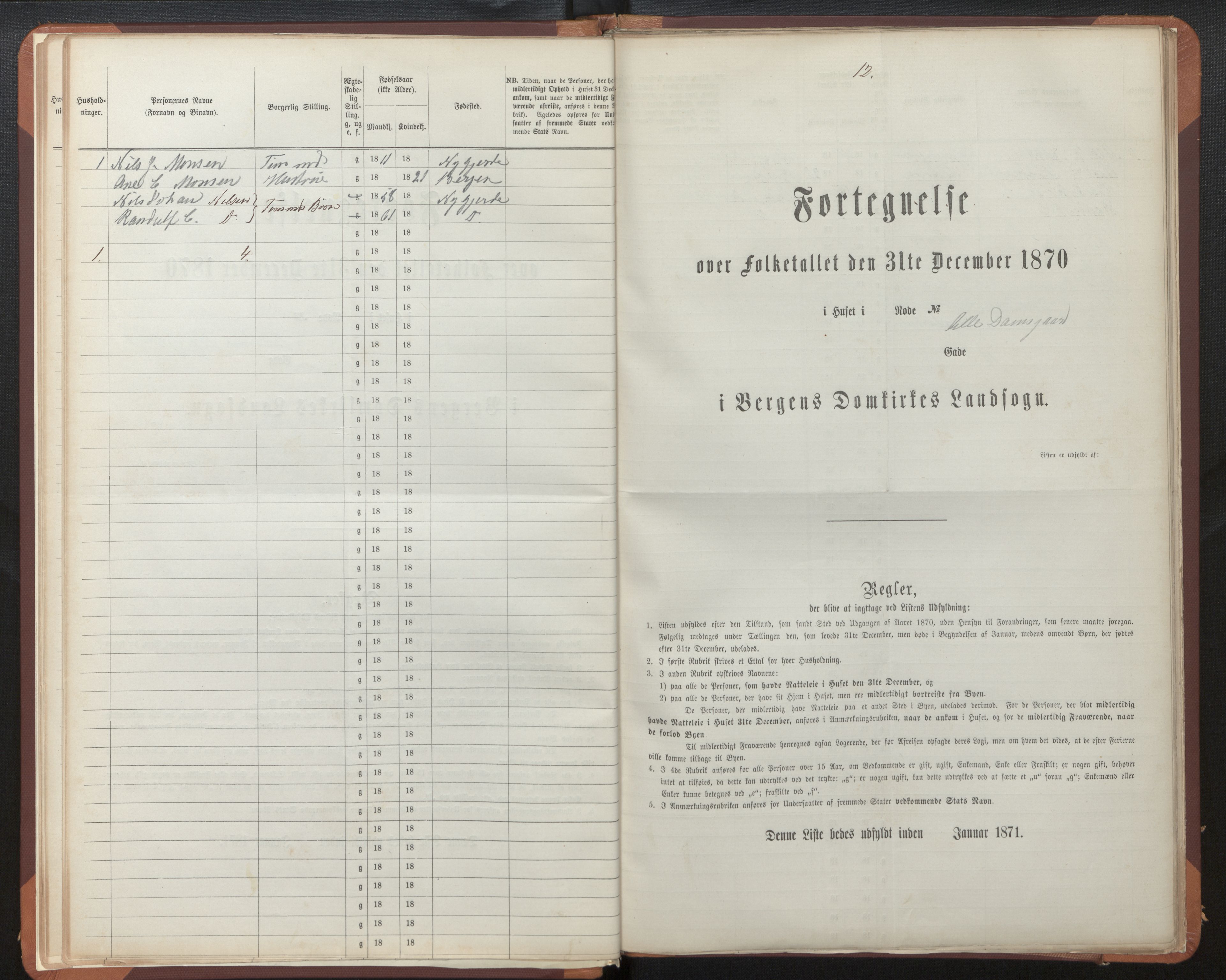 SAB, 1870 census for Bergen rural district, Domkirken local parish, 1870, p. 12